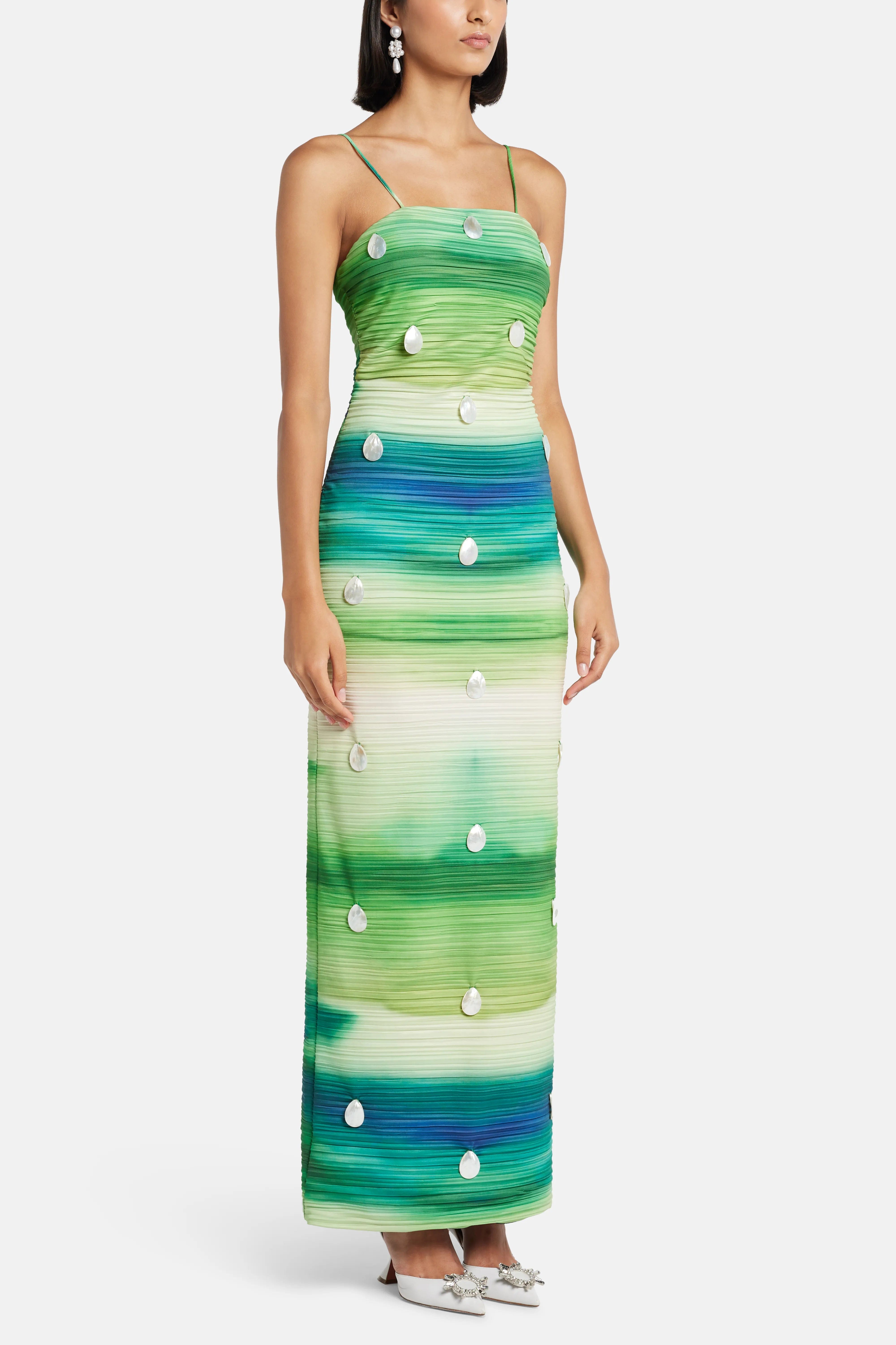 MAYLE VASQUEZ Abo Sleeveless Seashell Maxi Dress in Green and Blue