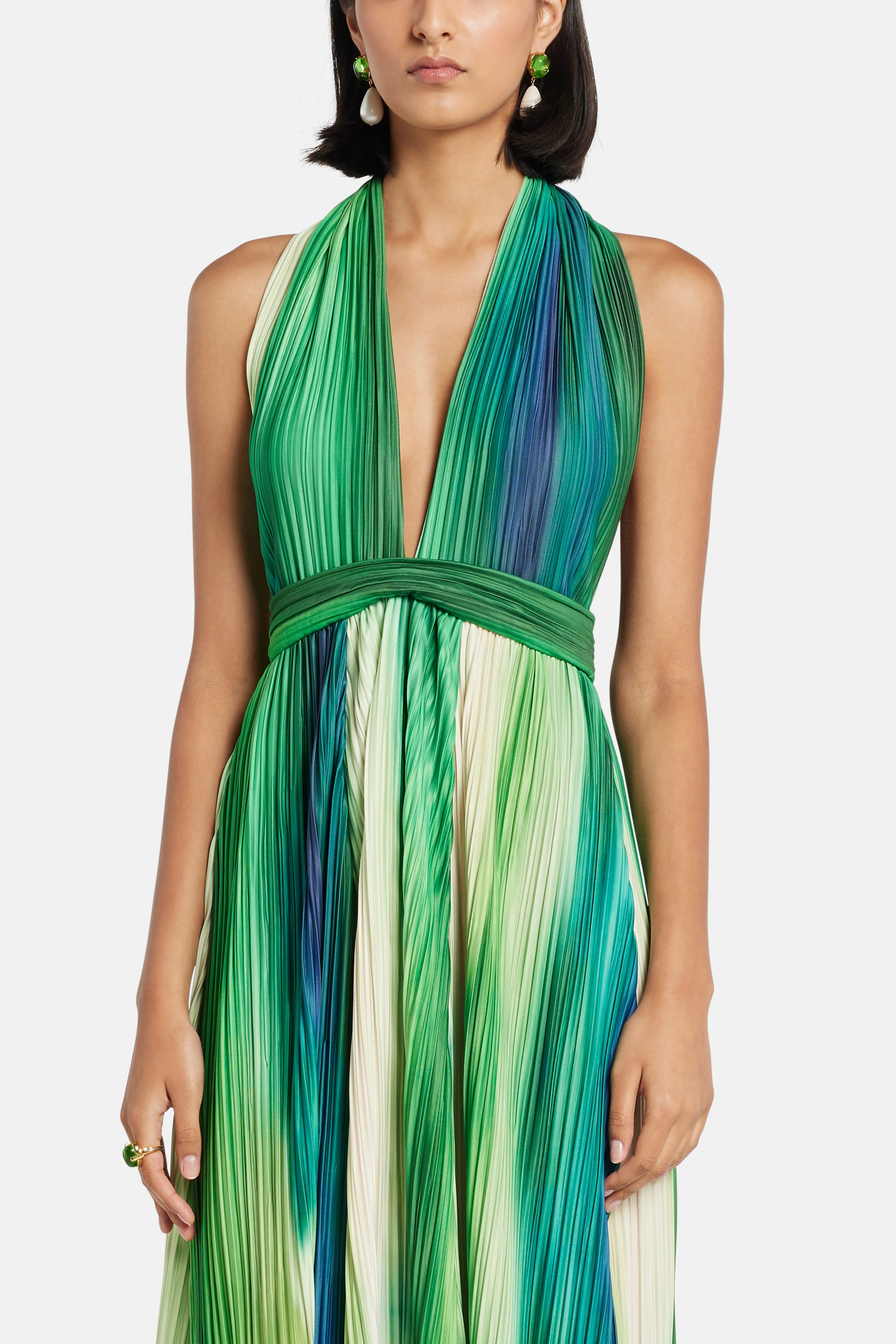 MAYLE VASQUEZ Afluente V-Neck Sleeveless Maxi Dress in Green