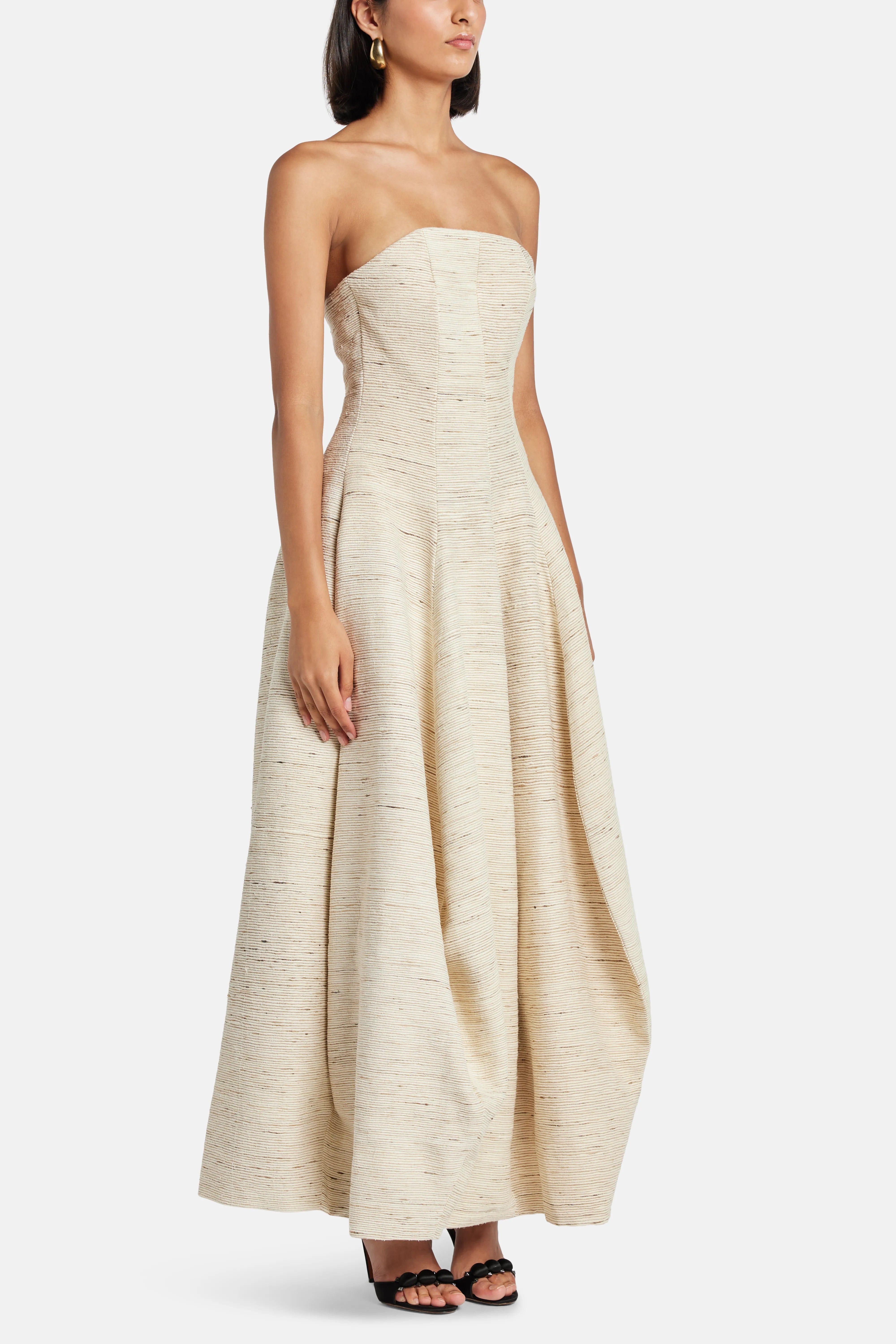 MAYLE VASQUEZ Santo Domingo Strapless Silk Maxi Dress in Beige
