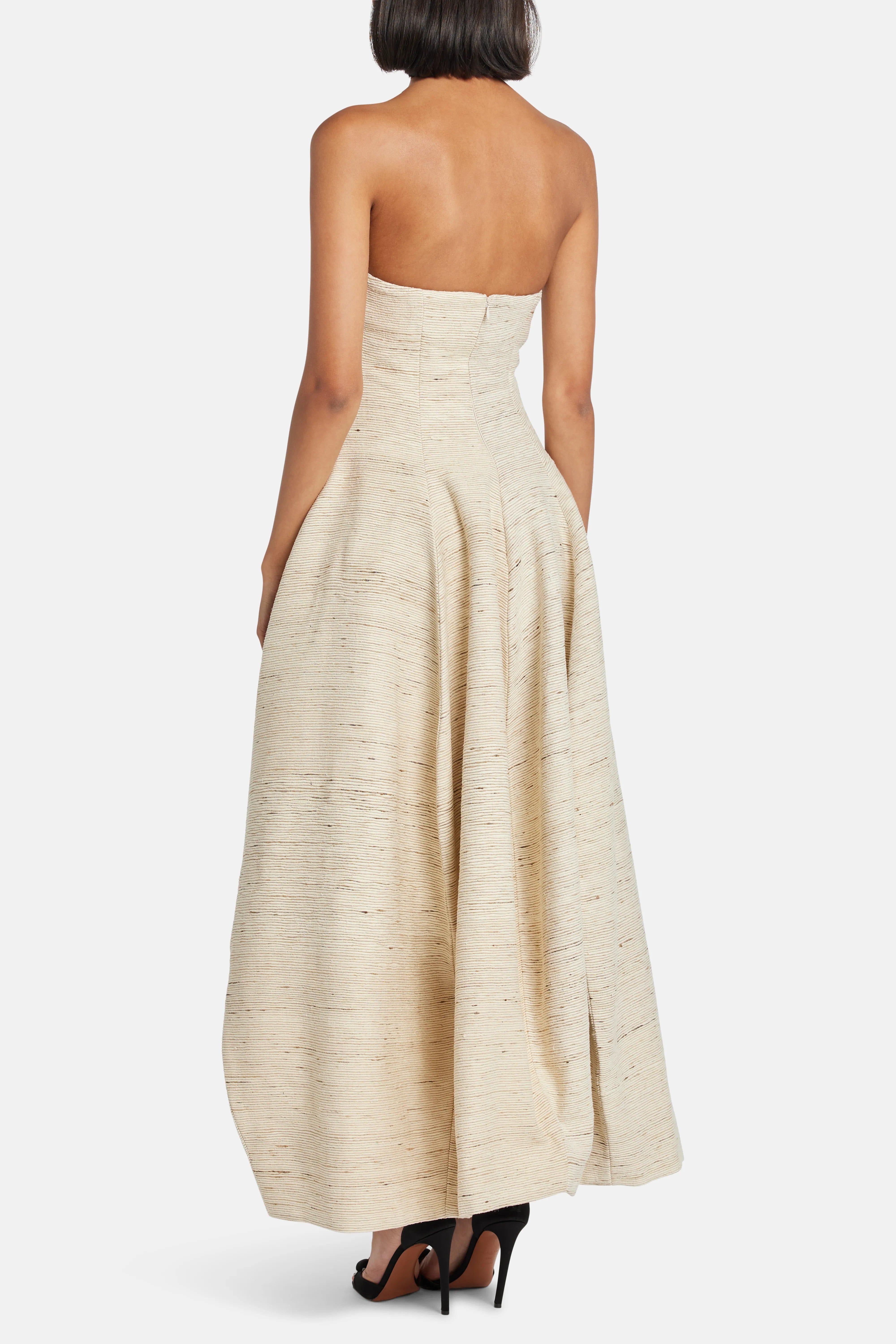 MAYLE VASQUEZ Santo Domingo Strapless Silk Maxi Dress in Beige
