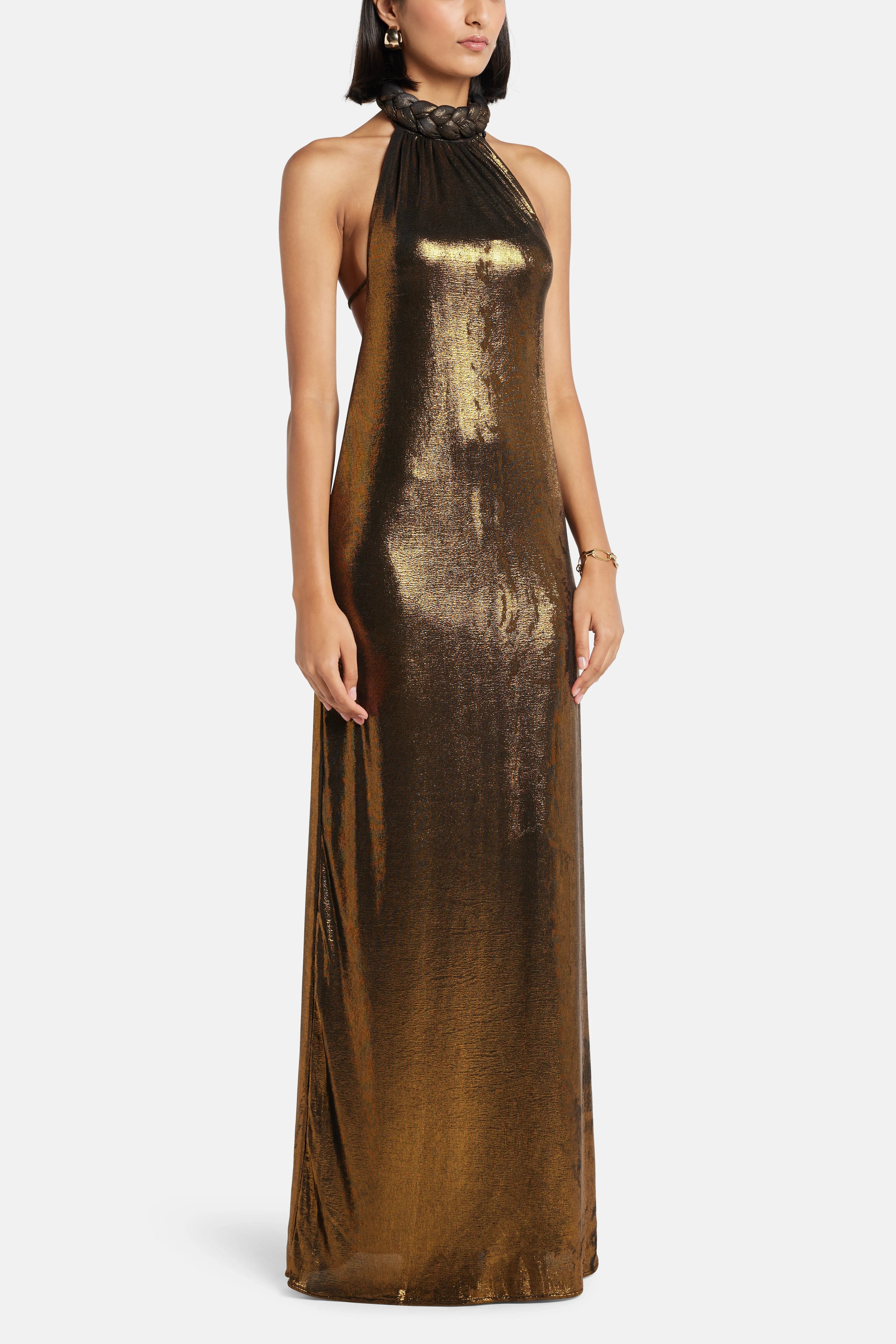 LEDIEL Camille Halter Neck Maxi Dress in Brown