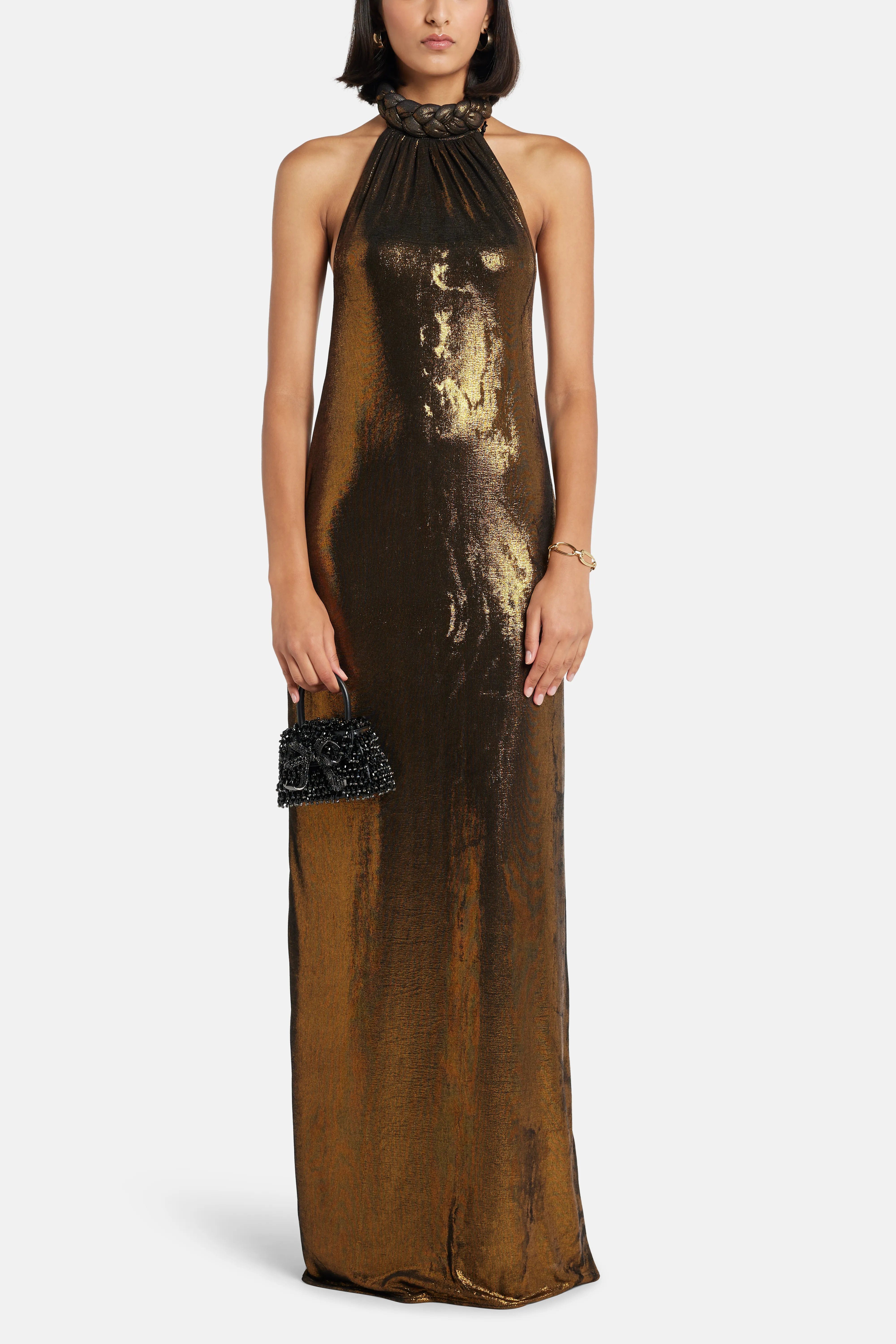 LEDIEL Camille Halter Neck Maxi Dress in Brown