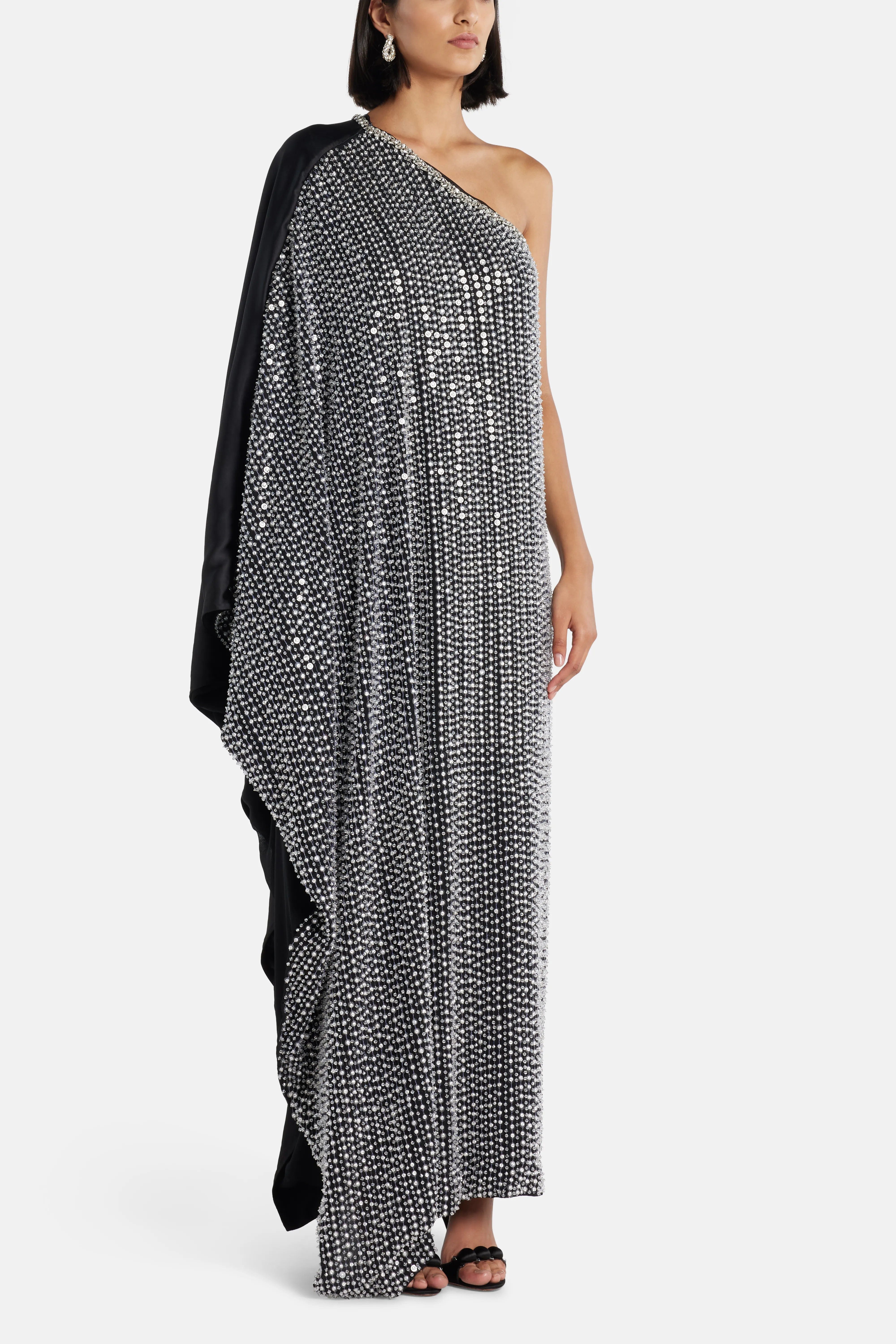 Ilta Nico Sequin One Shoulder Evening Dress in Black