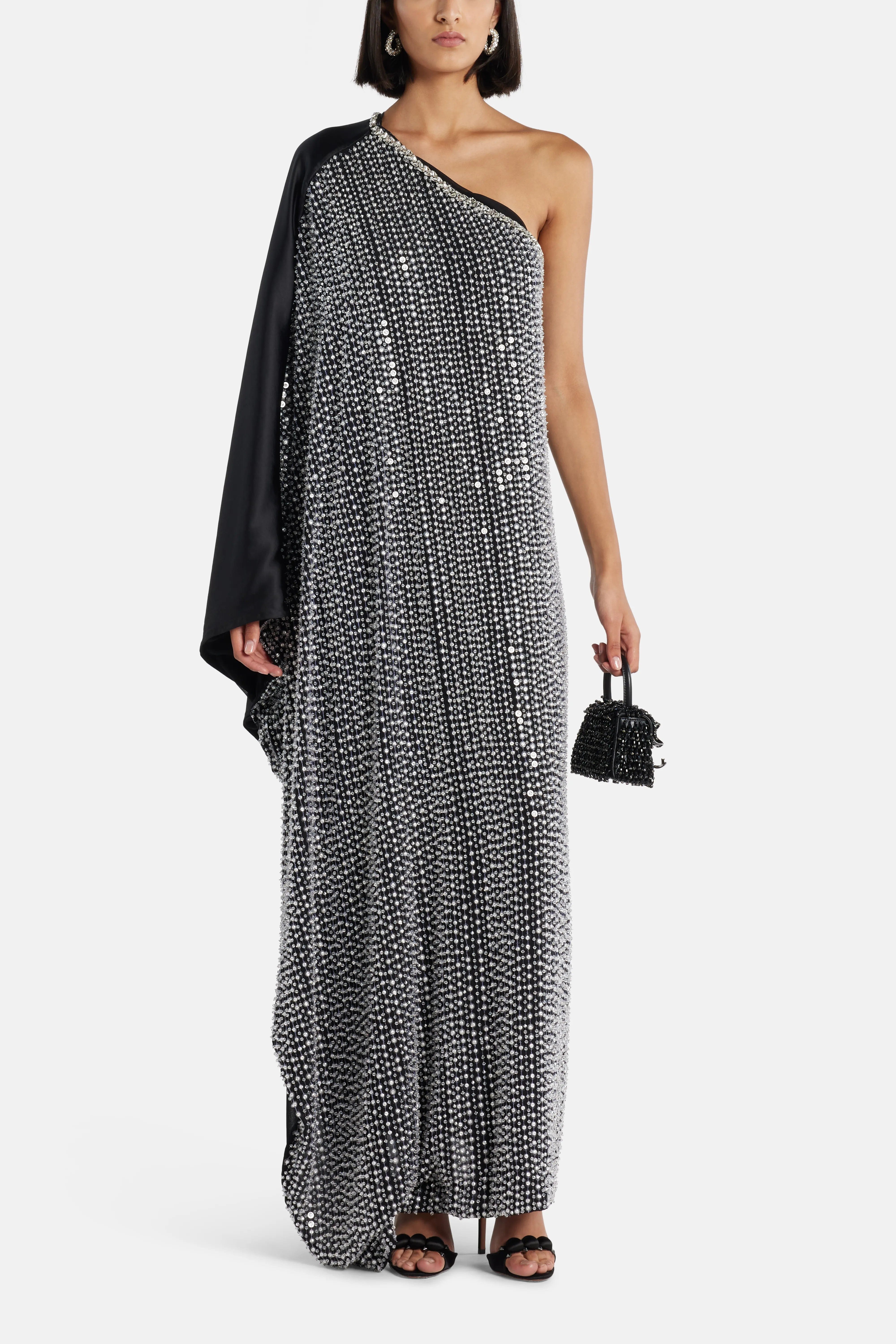 Ilta Nico Sequin One Shoulder Evening Dress in Black