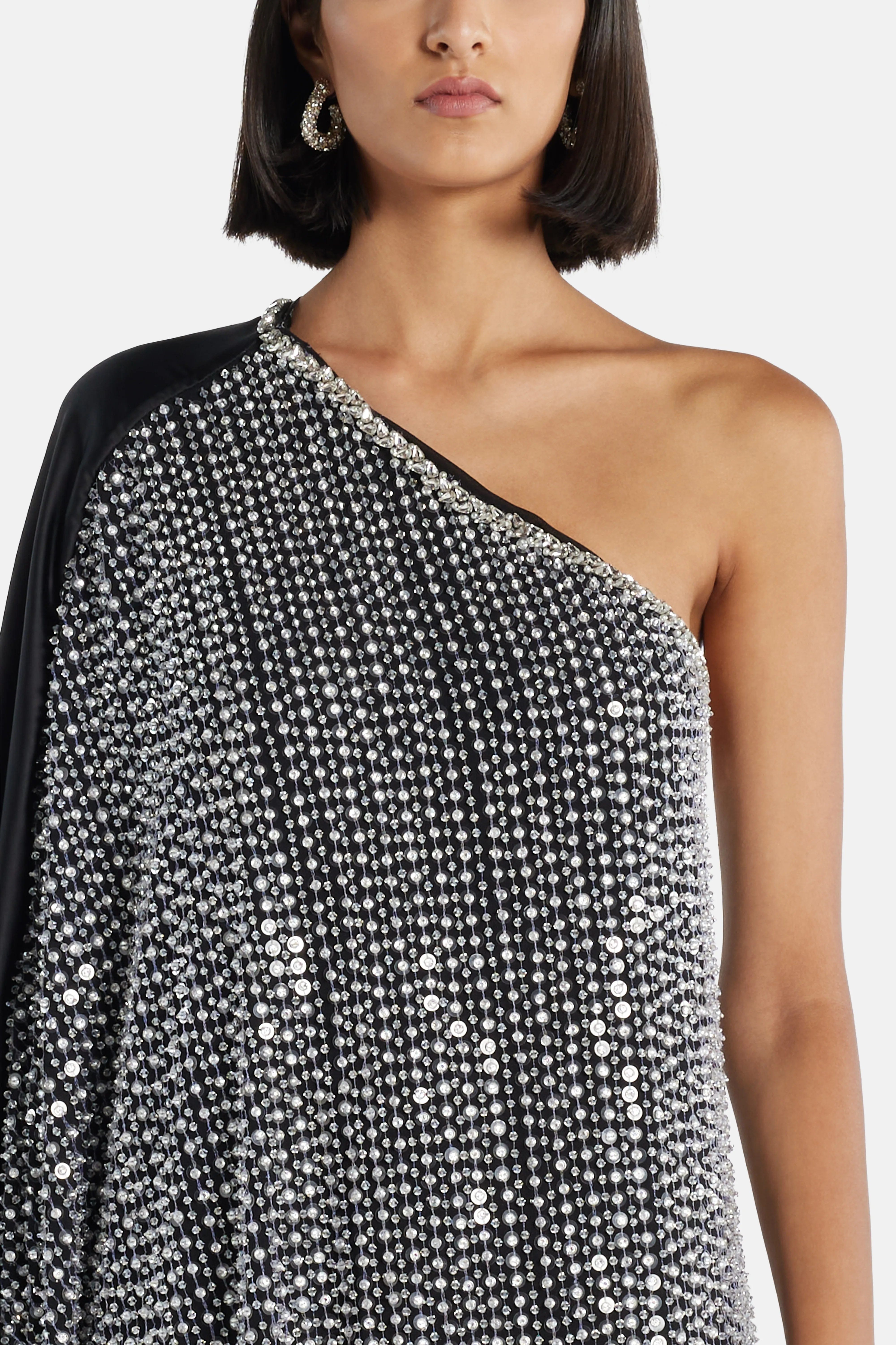 Ilta Nico Sequin One Shoulder Evening Dress in Black