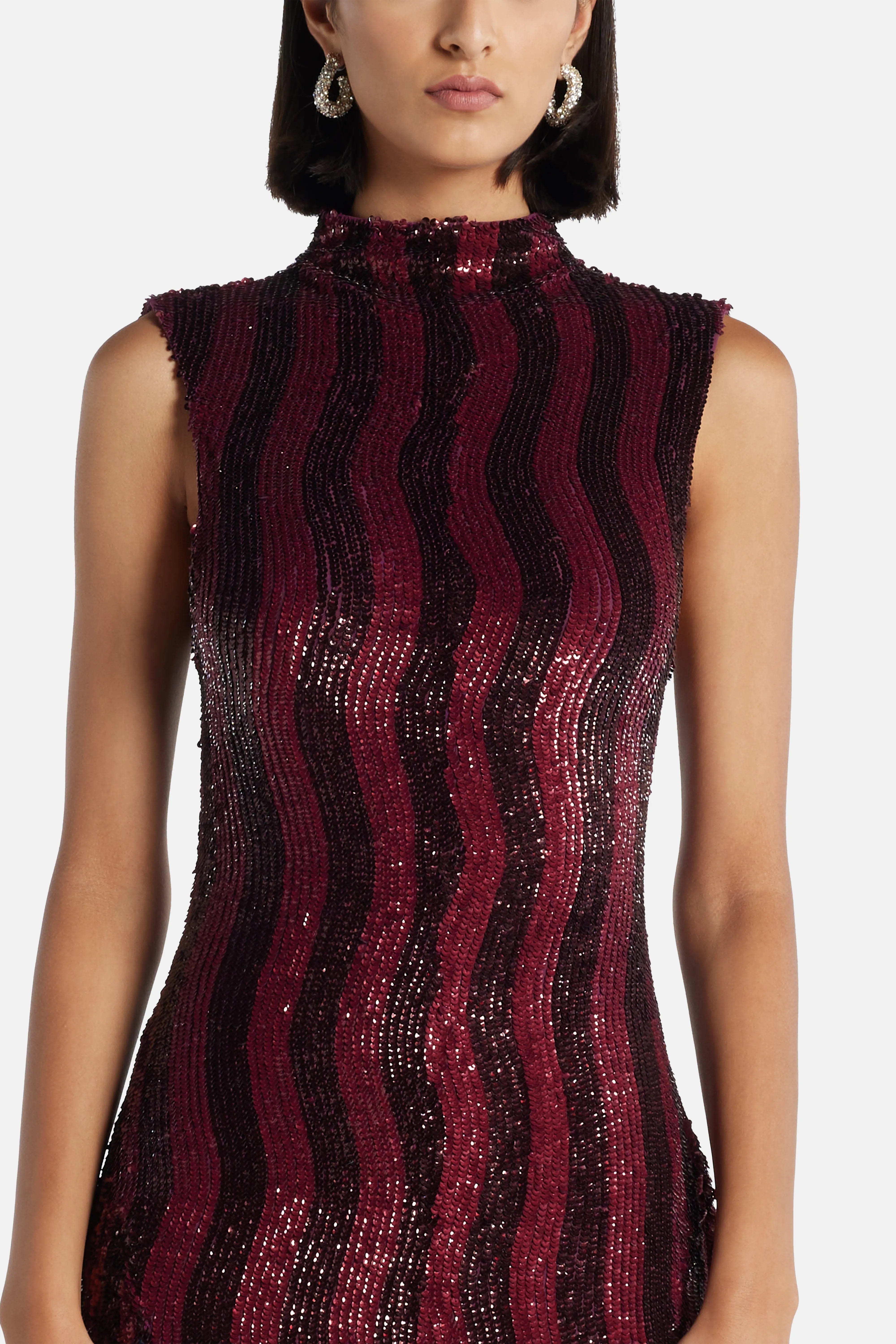 Ilta Leonie Sequin Sleeveless Evening Dress in Burgundy