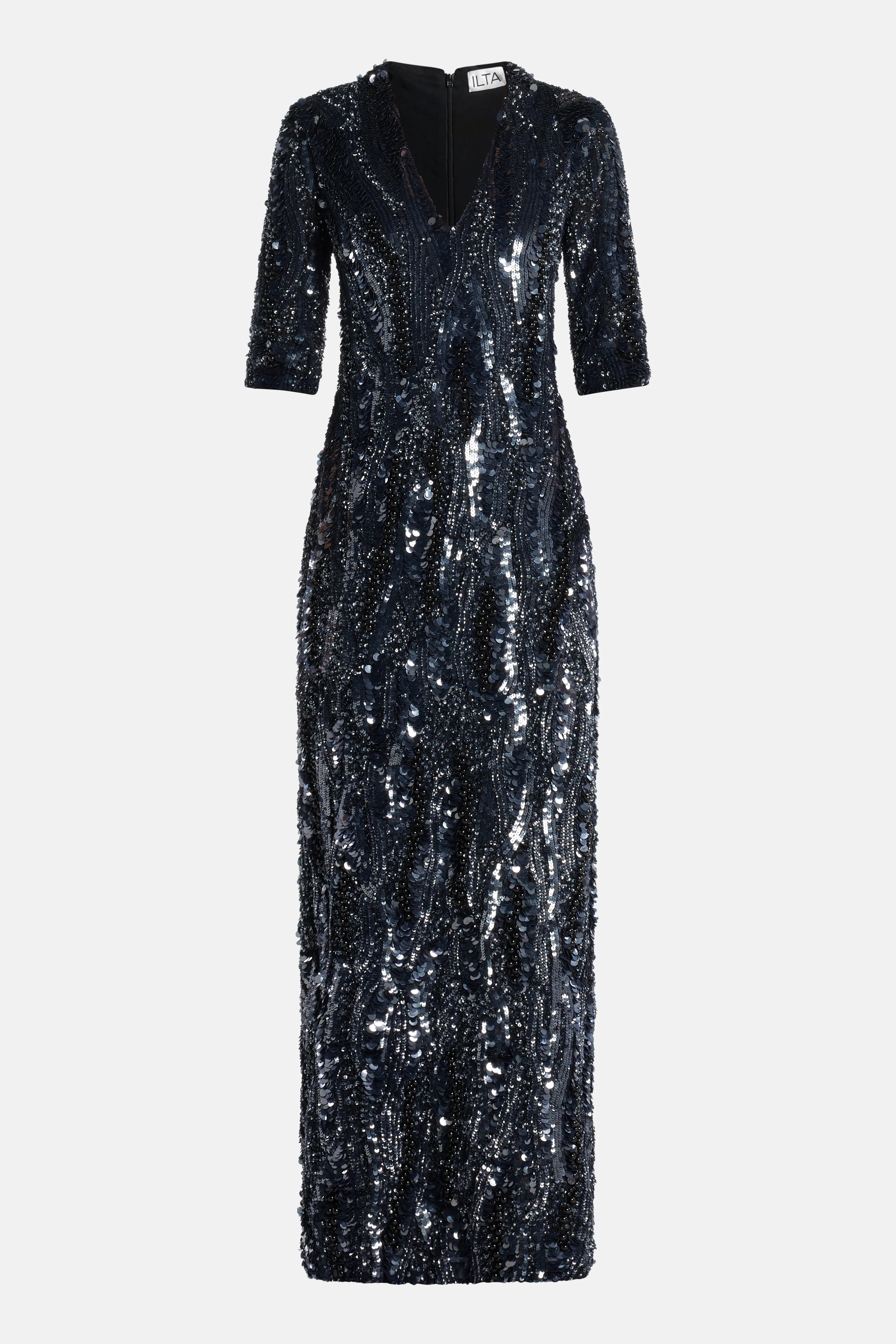 Ilta Allegra Sequin V Neck Evening Dress in Black