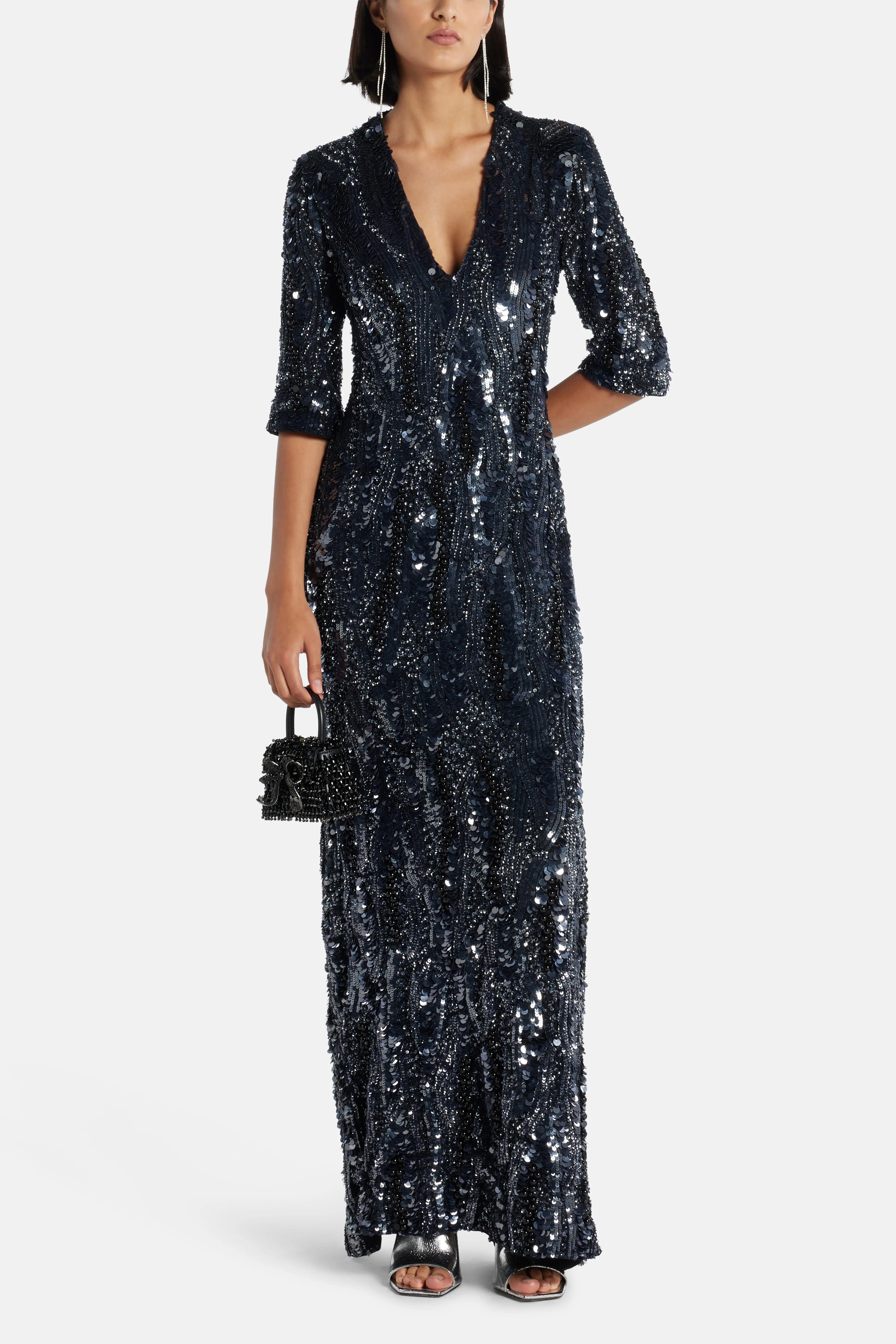 Ilta Allegra Sequin V Neck Evening Dress in Black