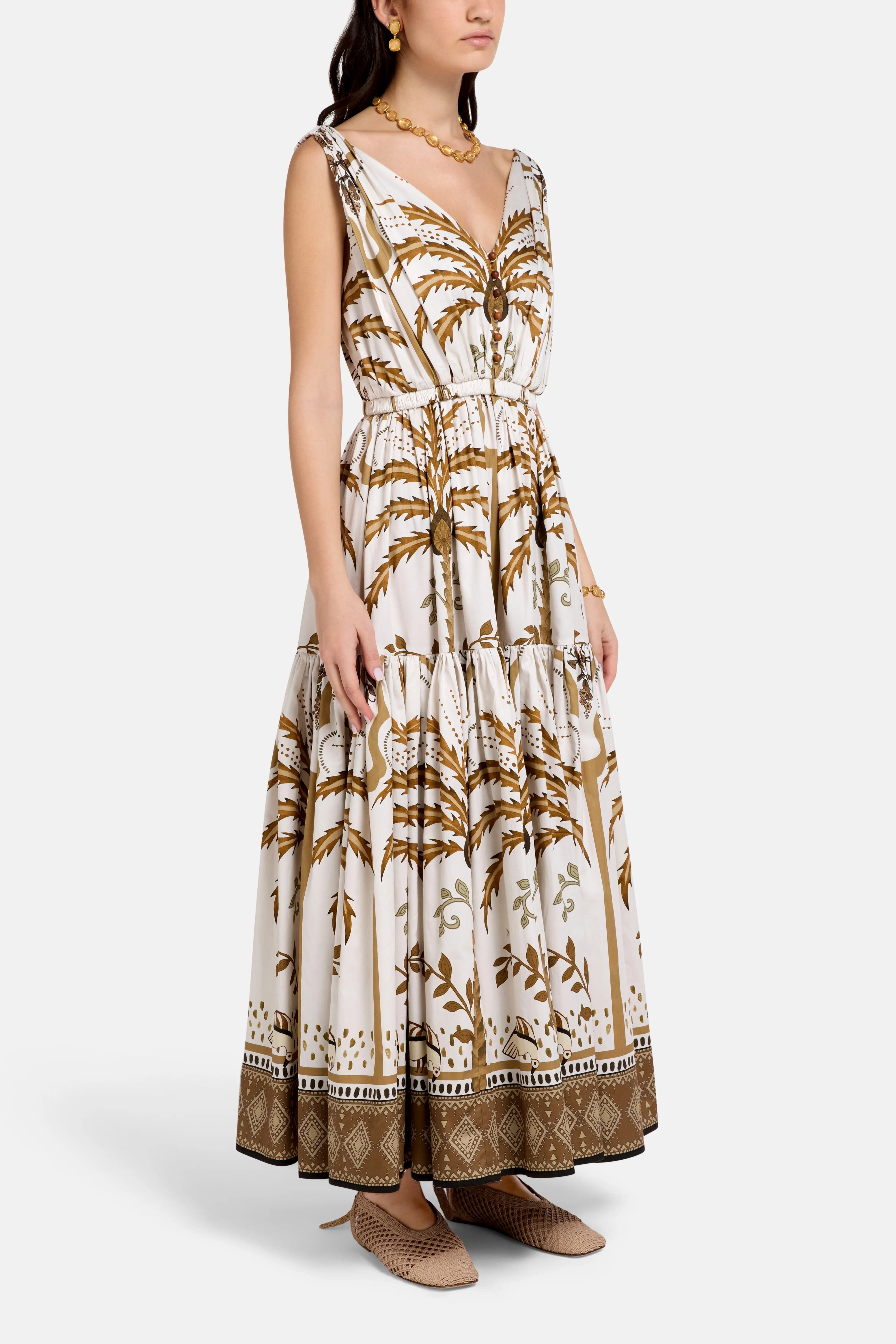 Vasiliki Greta Sleeveless Flared Cotton Midi Dress in Beige