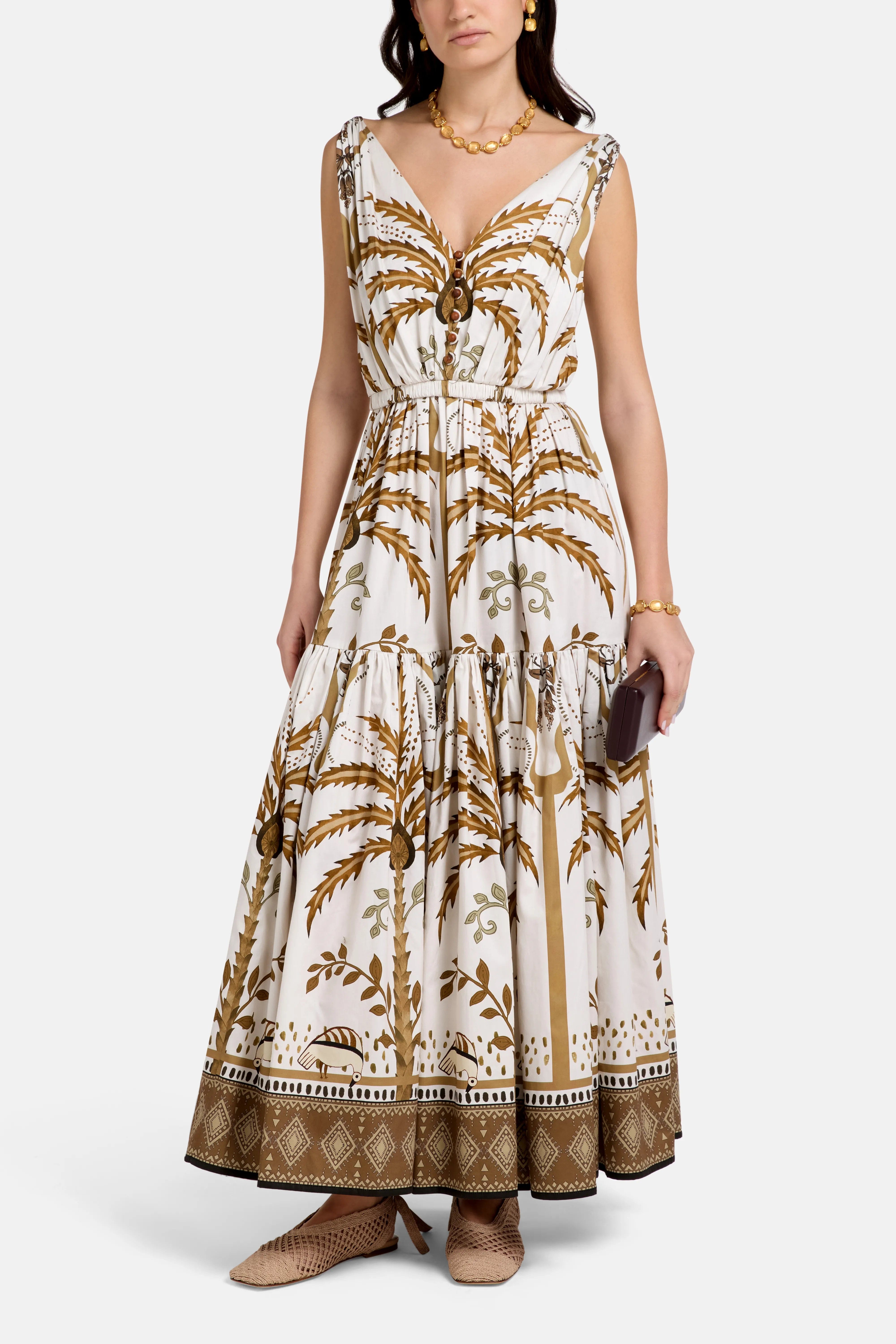 Vasiliki Greta Sleeveless Flared Cotton Midi Dress in Beige