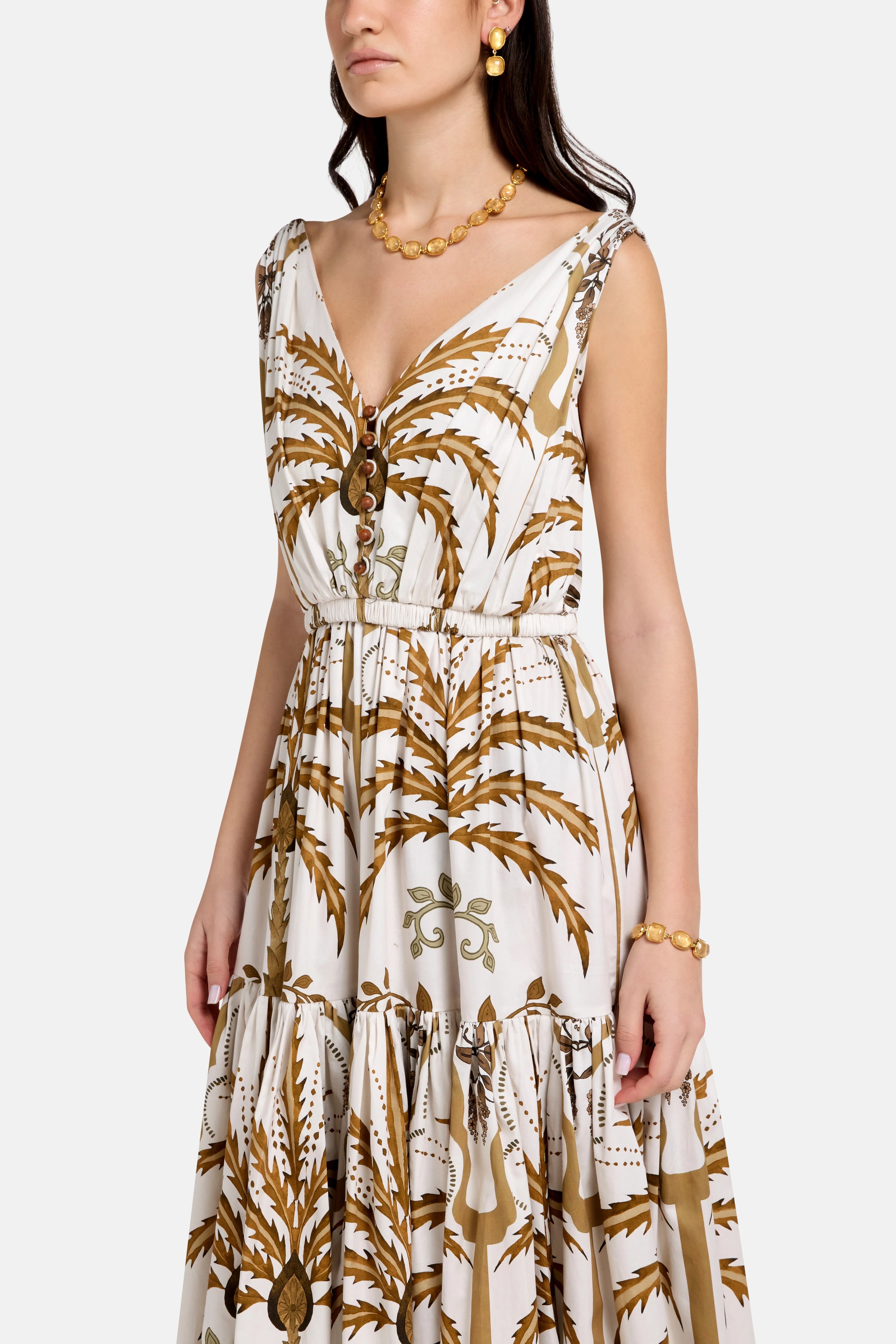 Vasiliki Greta Sleeveless Flared Cotton Midi Dress in Beige