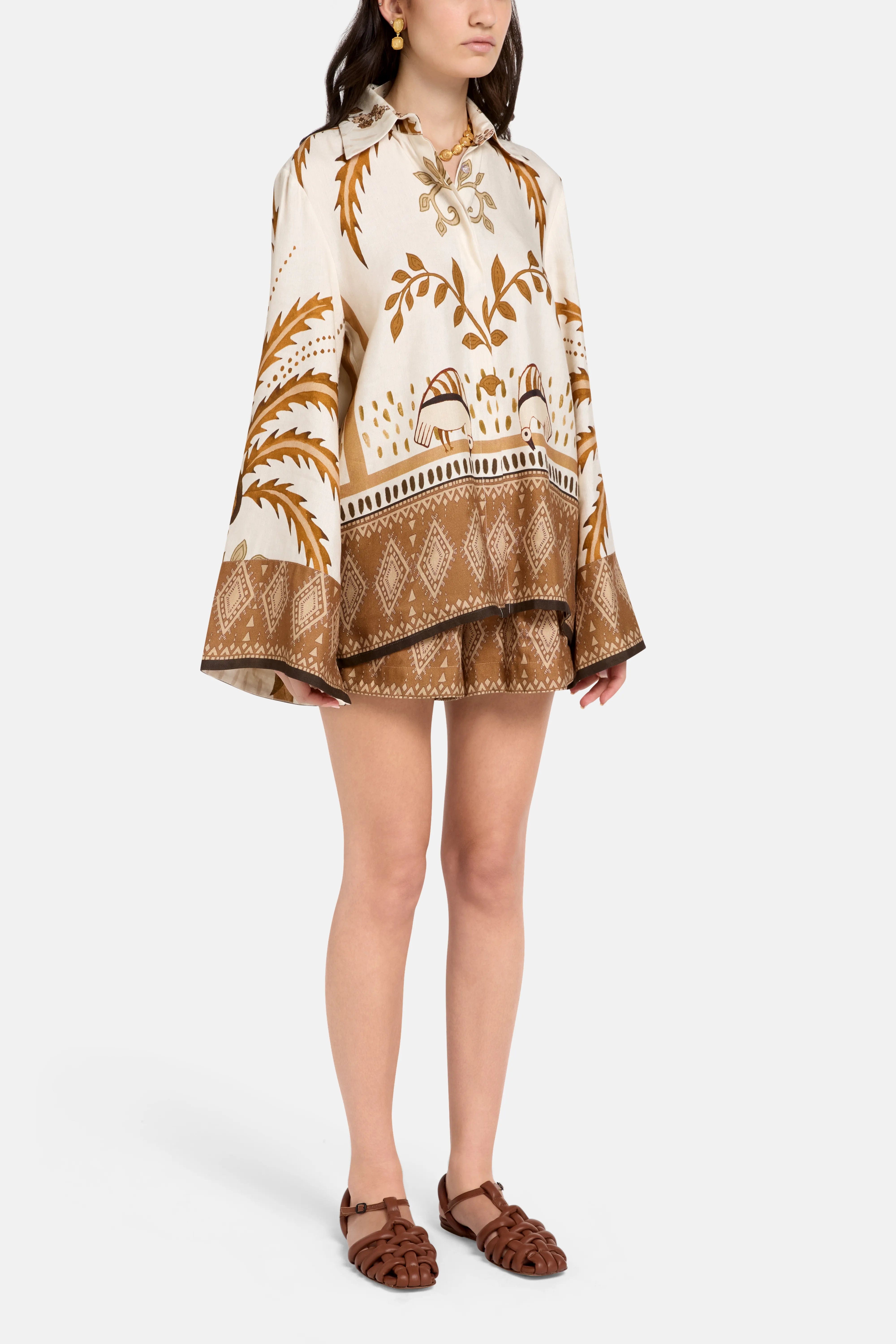 Vasiliki Bela Fonte Print Linen Satin Blouse and Shorts Set in Beige
