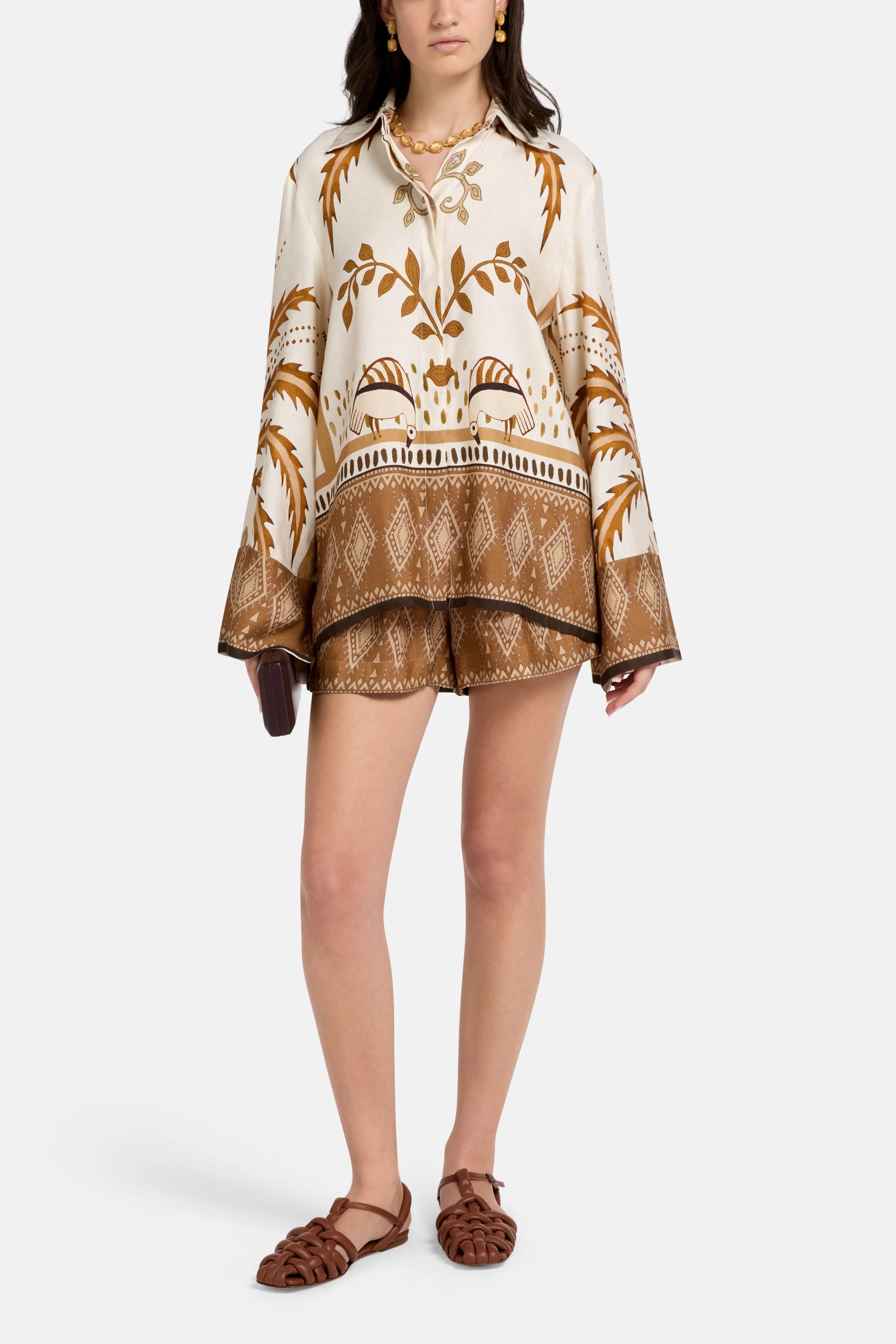 Vasiliki Bela Fonte Print Linen Satin Blouse and Shorts Set in Beige