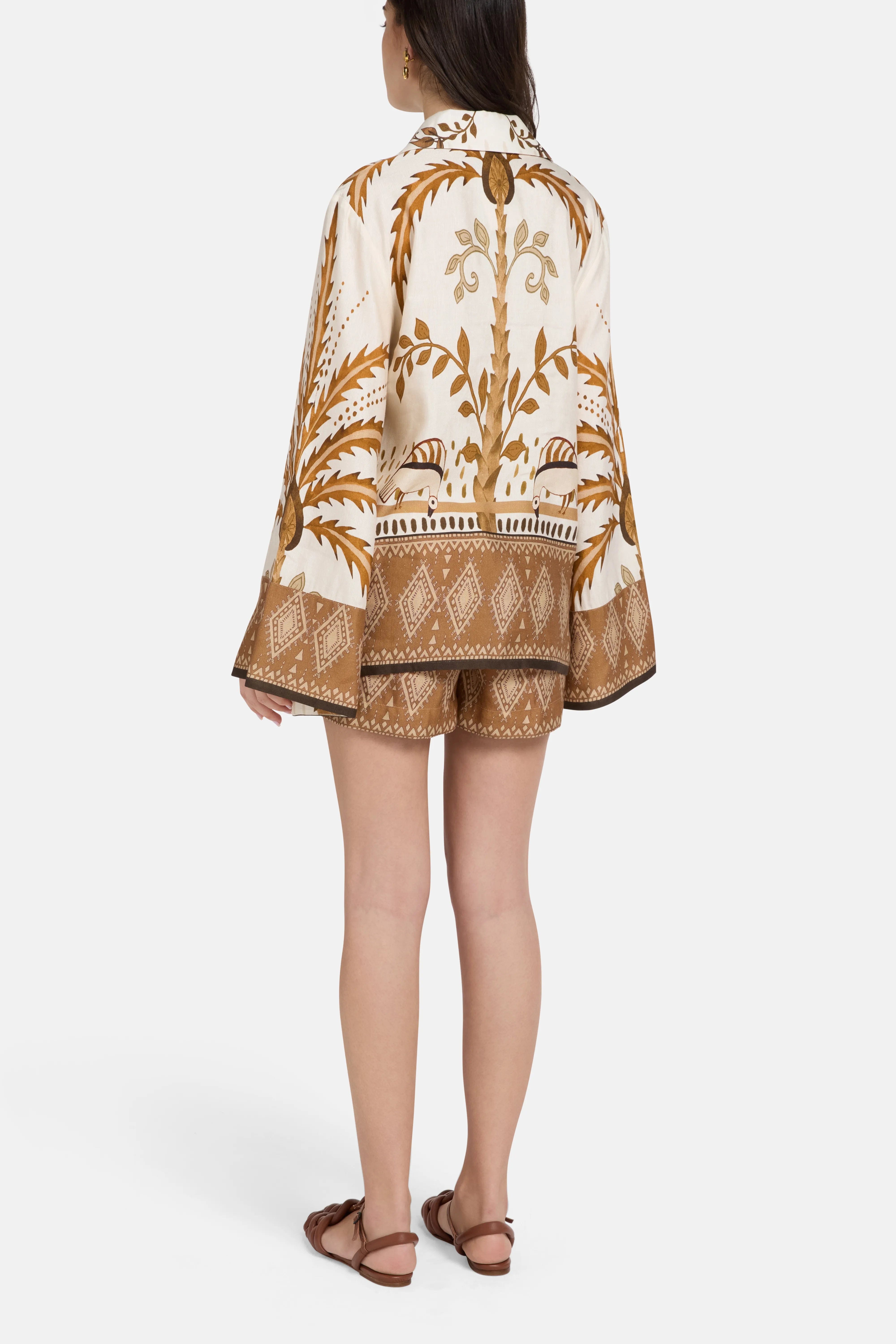 Vasiliki Bela Fonte Print Linen Satin Blouse and Shorts Set in Beige