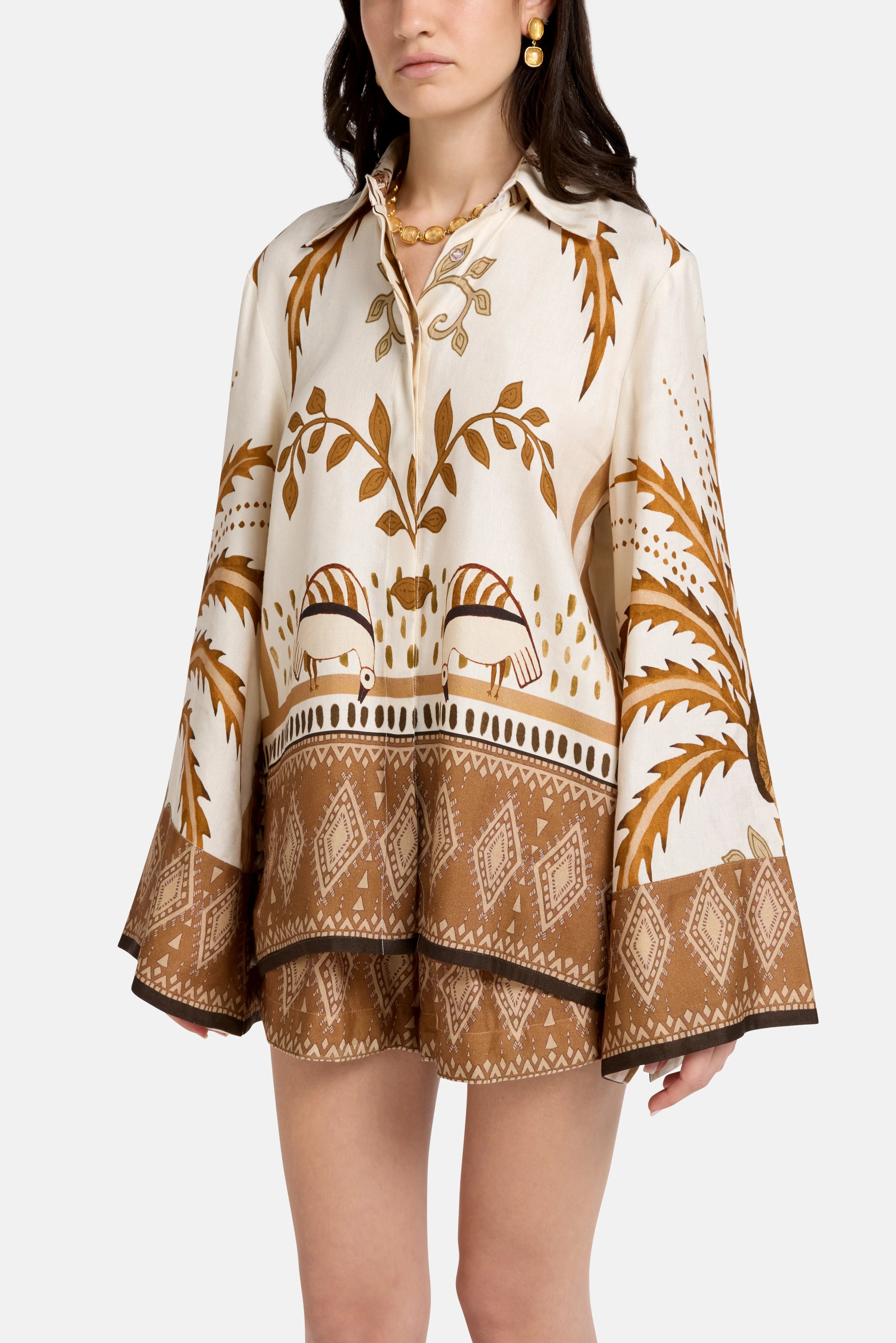 Vasiliki Bela Fonte Print Linen Satin Blouse and Shorts Set in Beige