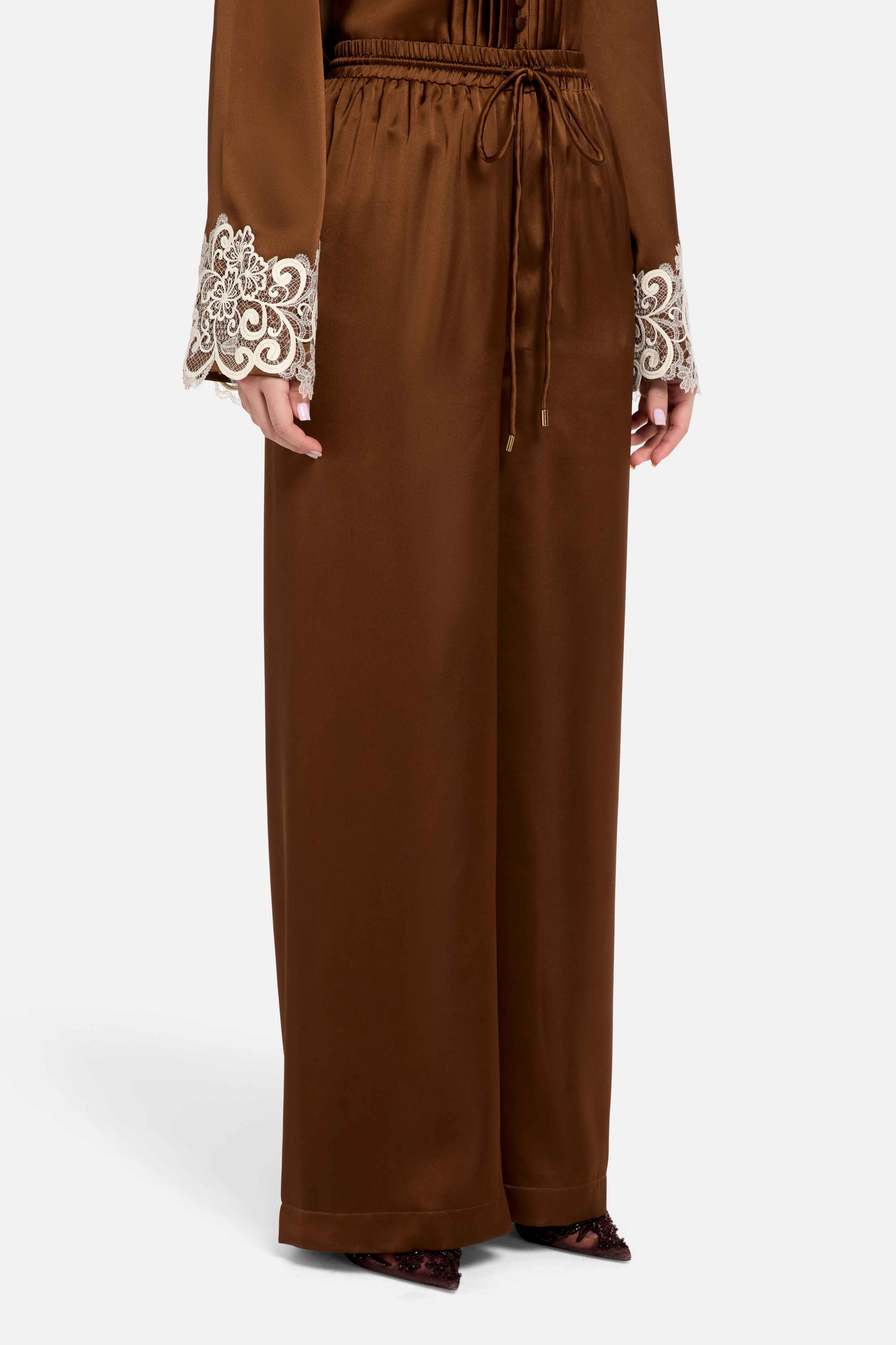 Vasiliki Haneen Linen Satin Coco Wide Legged Trousers in Brown