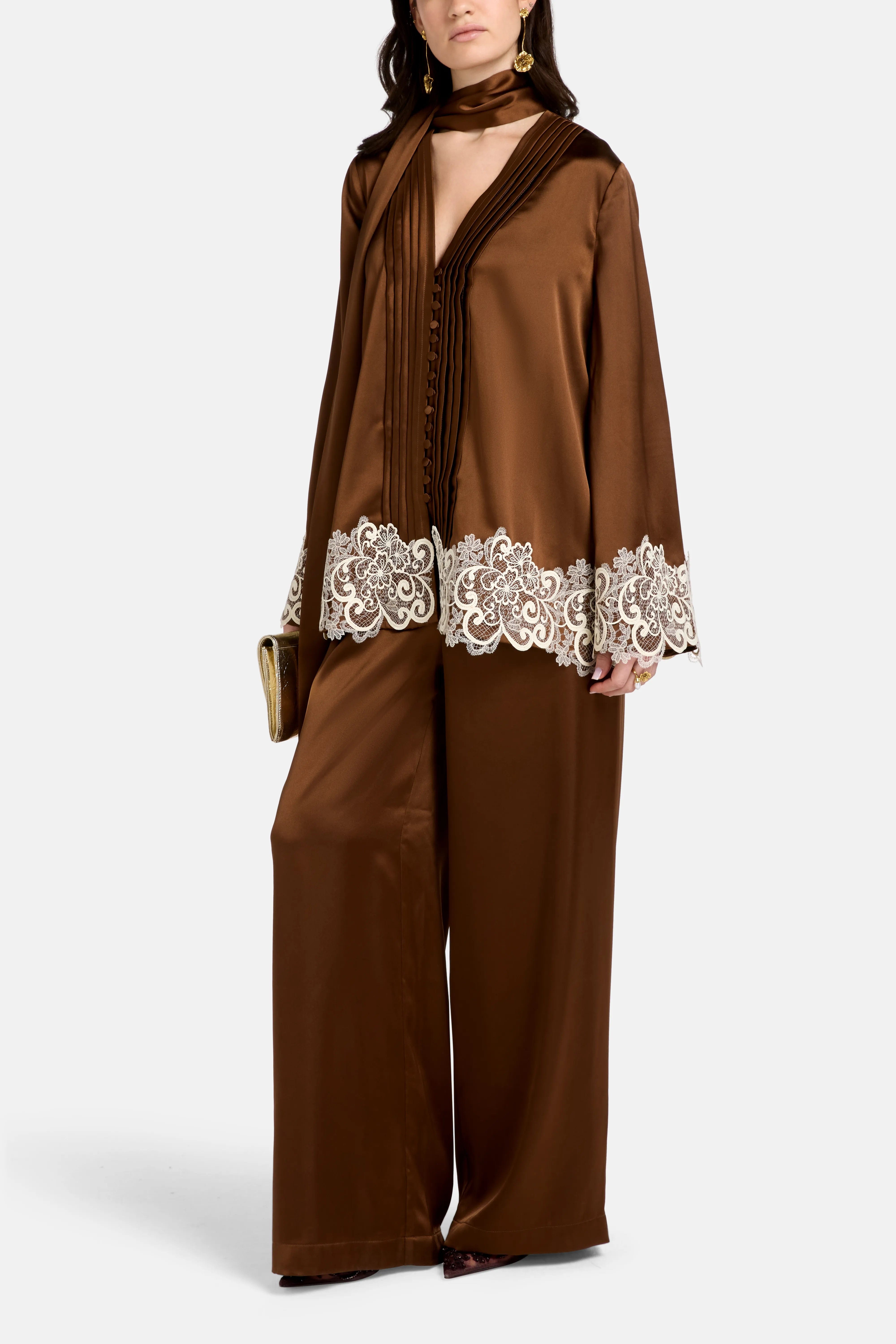 Vasiliki Haneen Linen Satin Coco Wide Legged Trousers in Brown