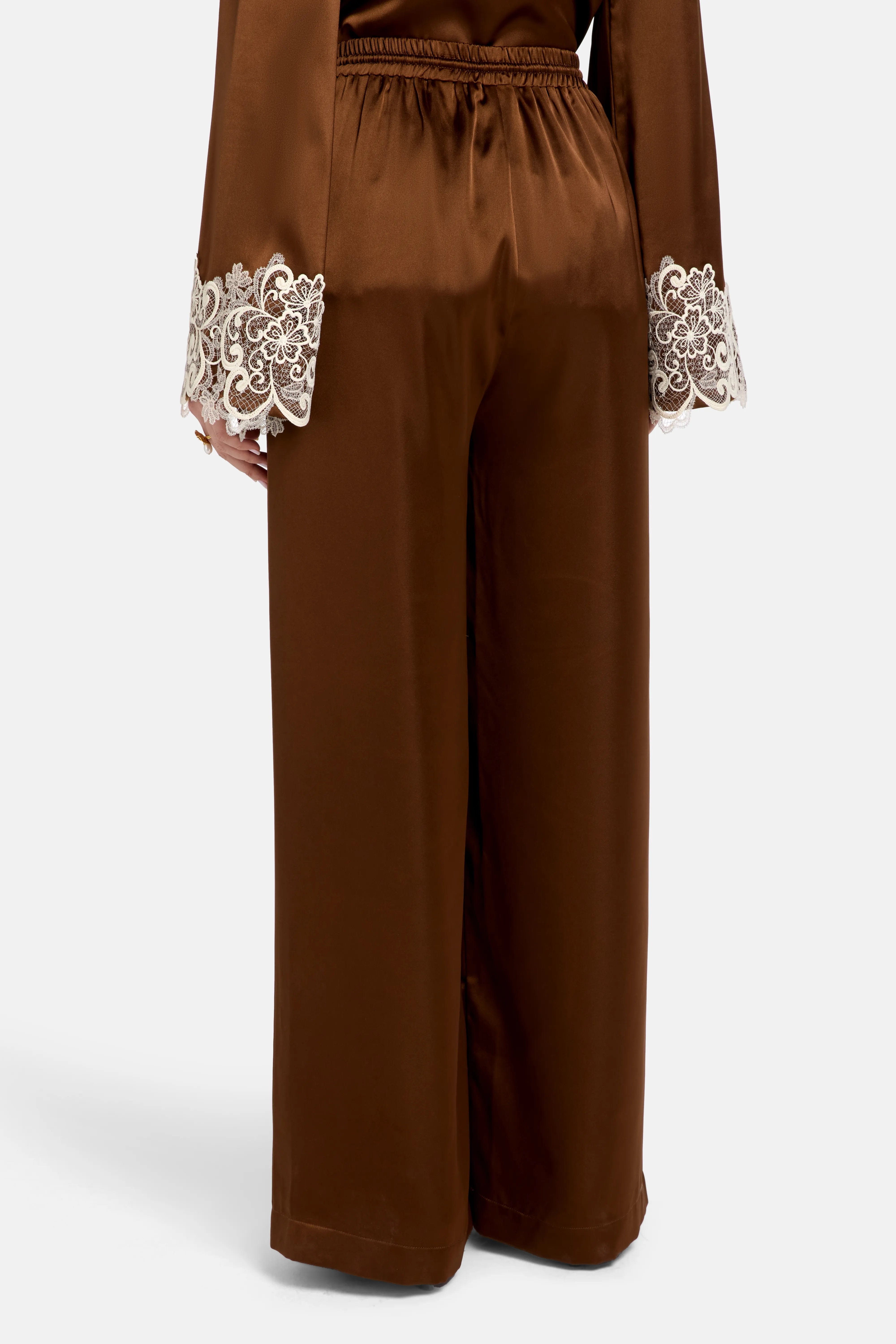 Vasiliki Haneen Linen Satin Coco Wide Legged Trousers in Brown