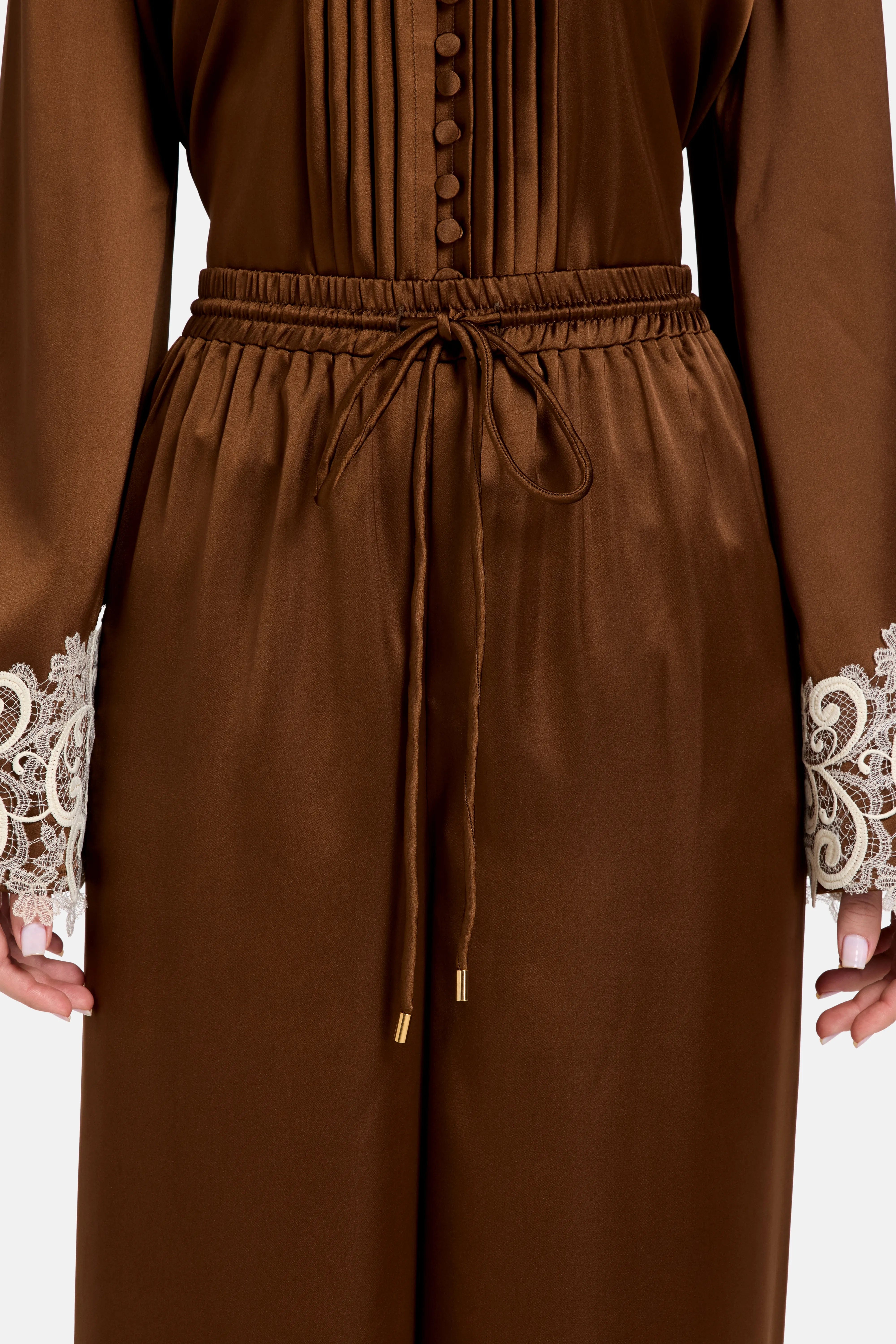Vasiliki Haneen Linen Satin Coco Wide Legged Trousers in Brown