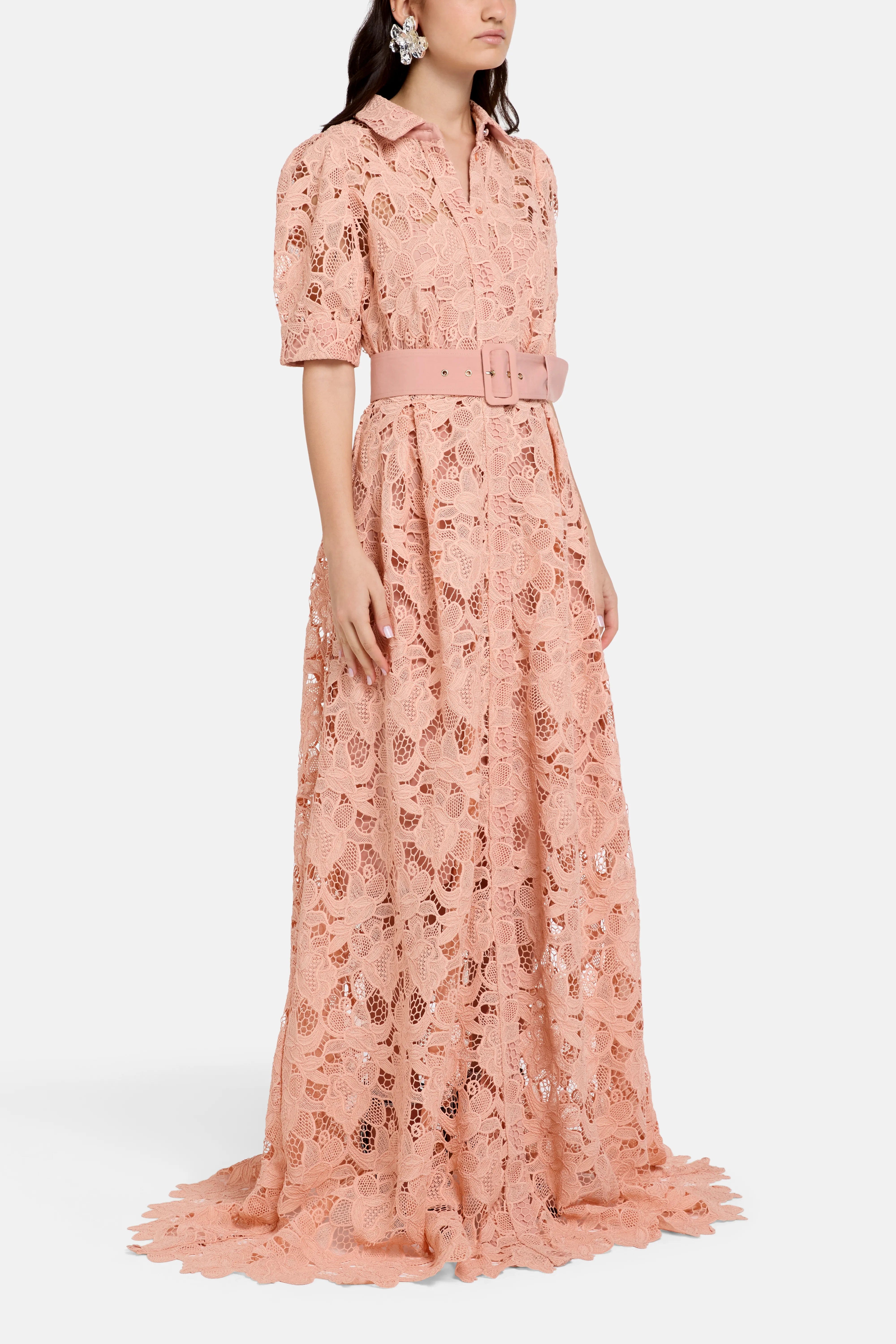 Vasiliki Ayah Collared Floral Lace Maxi Dress in Pink