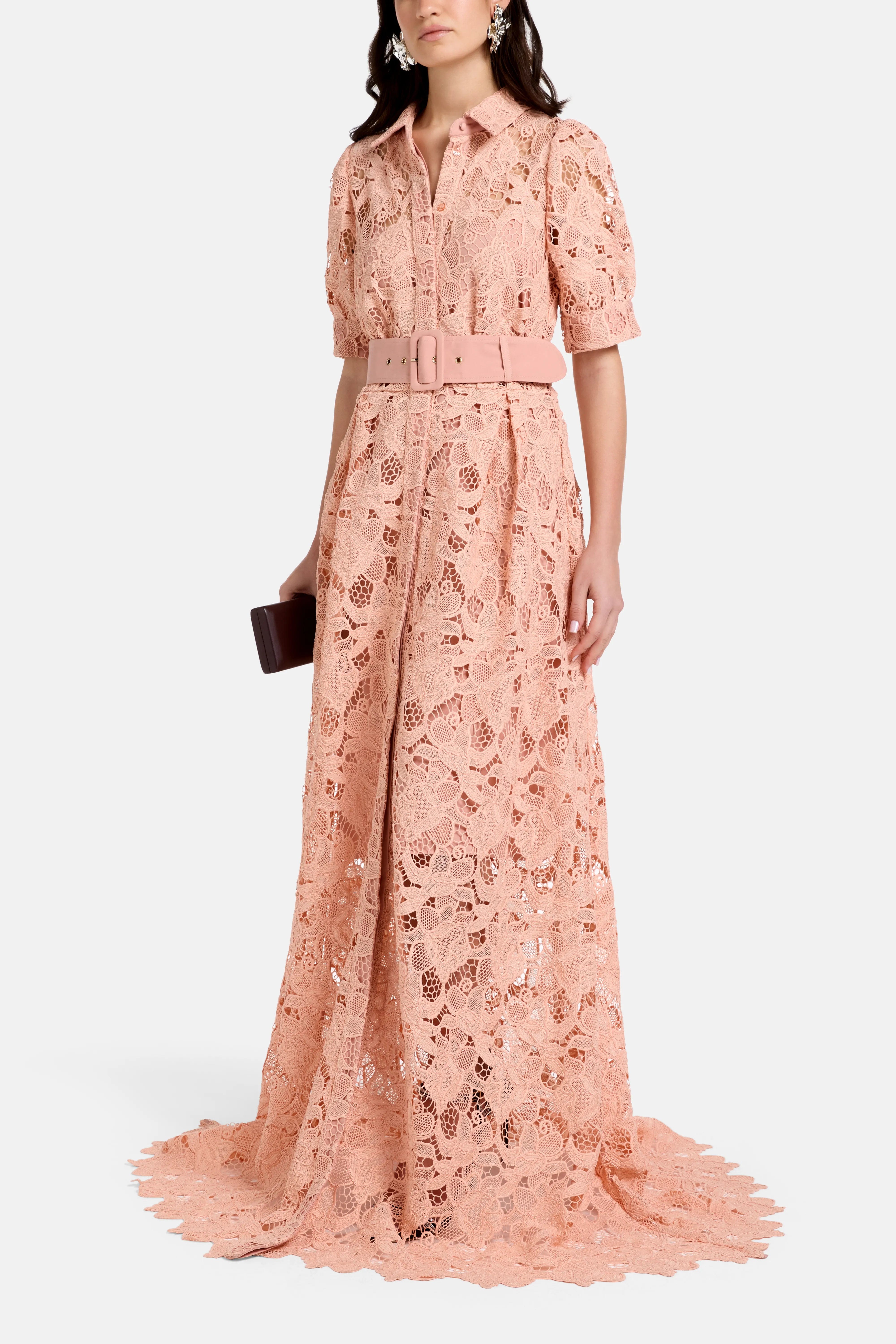 Vasiliki Ayah Collared Floral Lace Maxi Dress in Pink