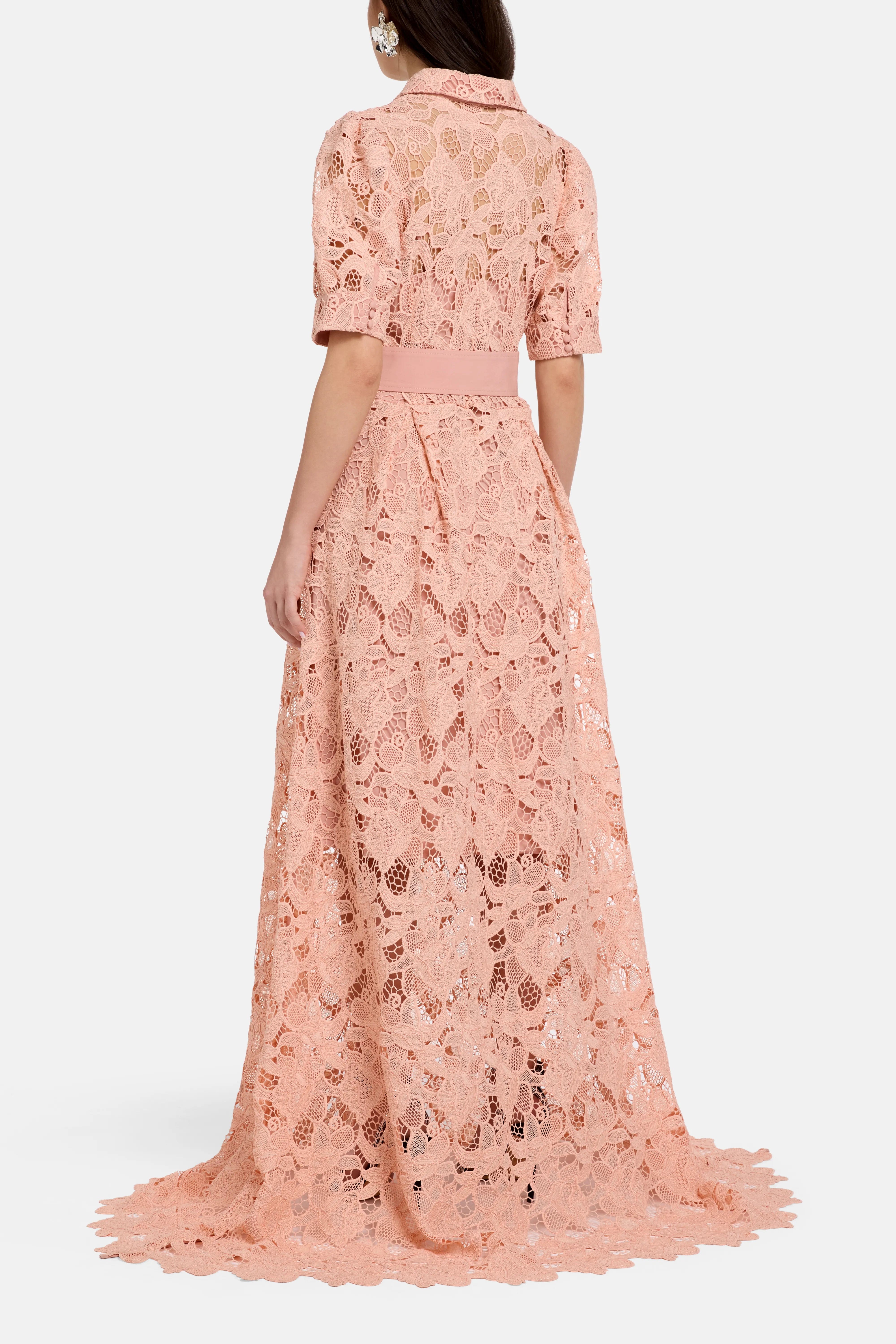 Vasiliki Ayah Collared Floral Lace Maxi Dress in Pink