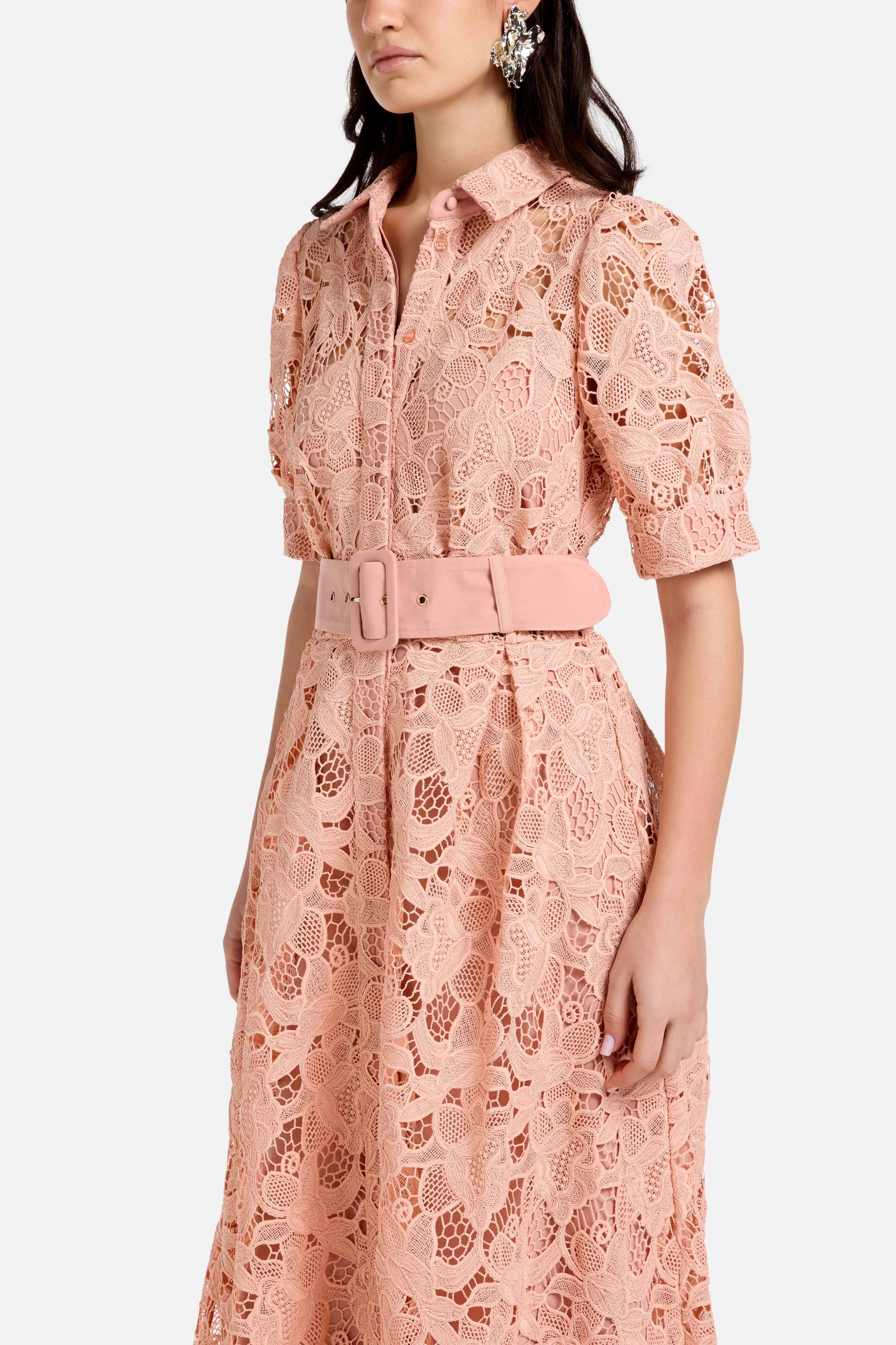 Vasiliki Ayah Collared Floral Lace Maxi Dress in Pink