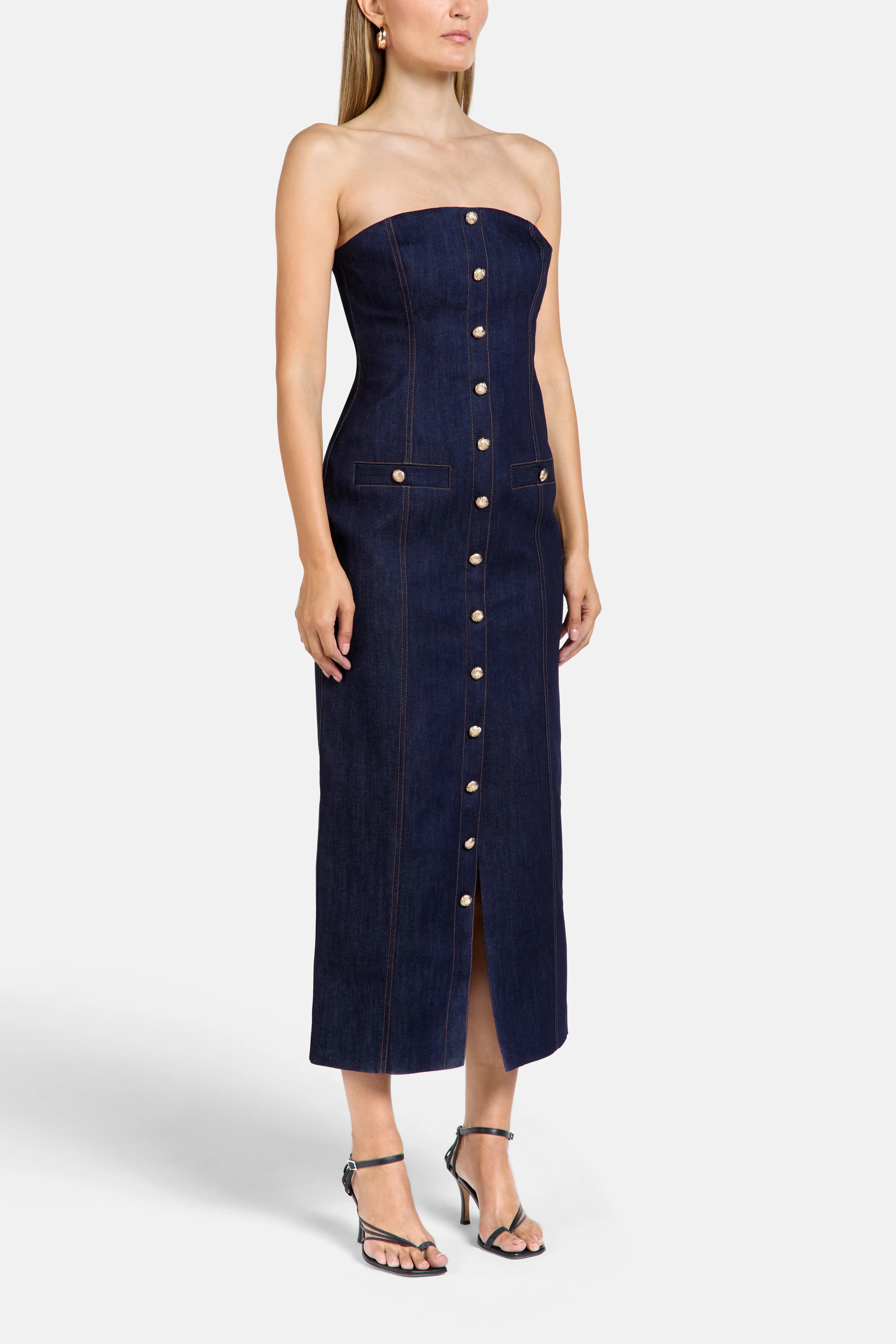 Florence & Fortitude Gigi Denim Cotton Midi Dress in Blue
