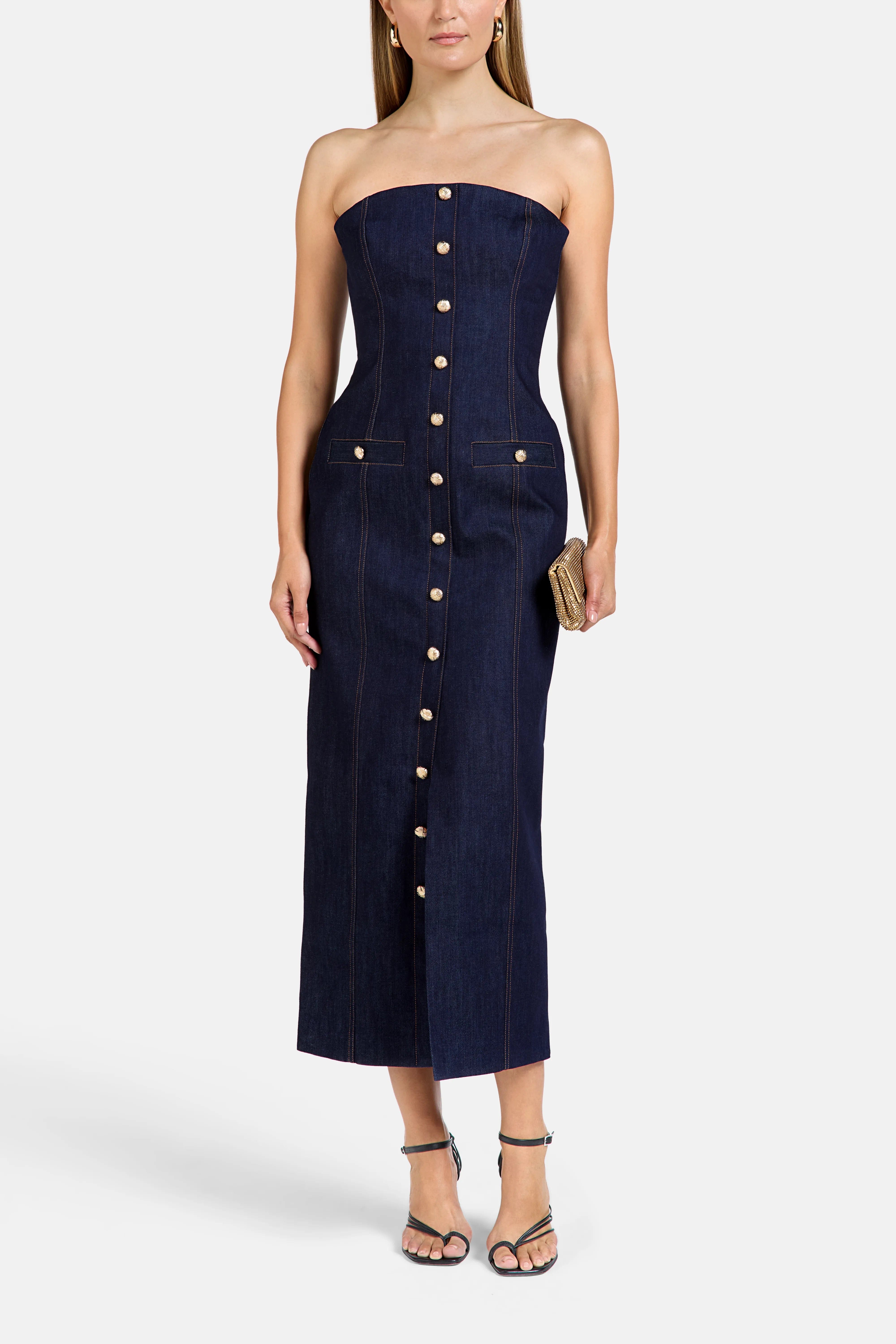 Florence & Fortitude Gigi Denim Cotton Midi Dress in Blue
