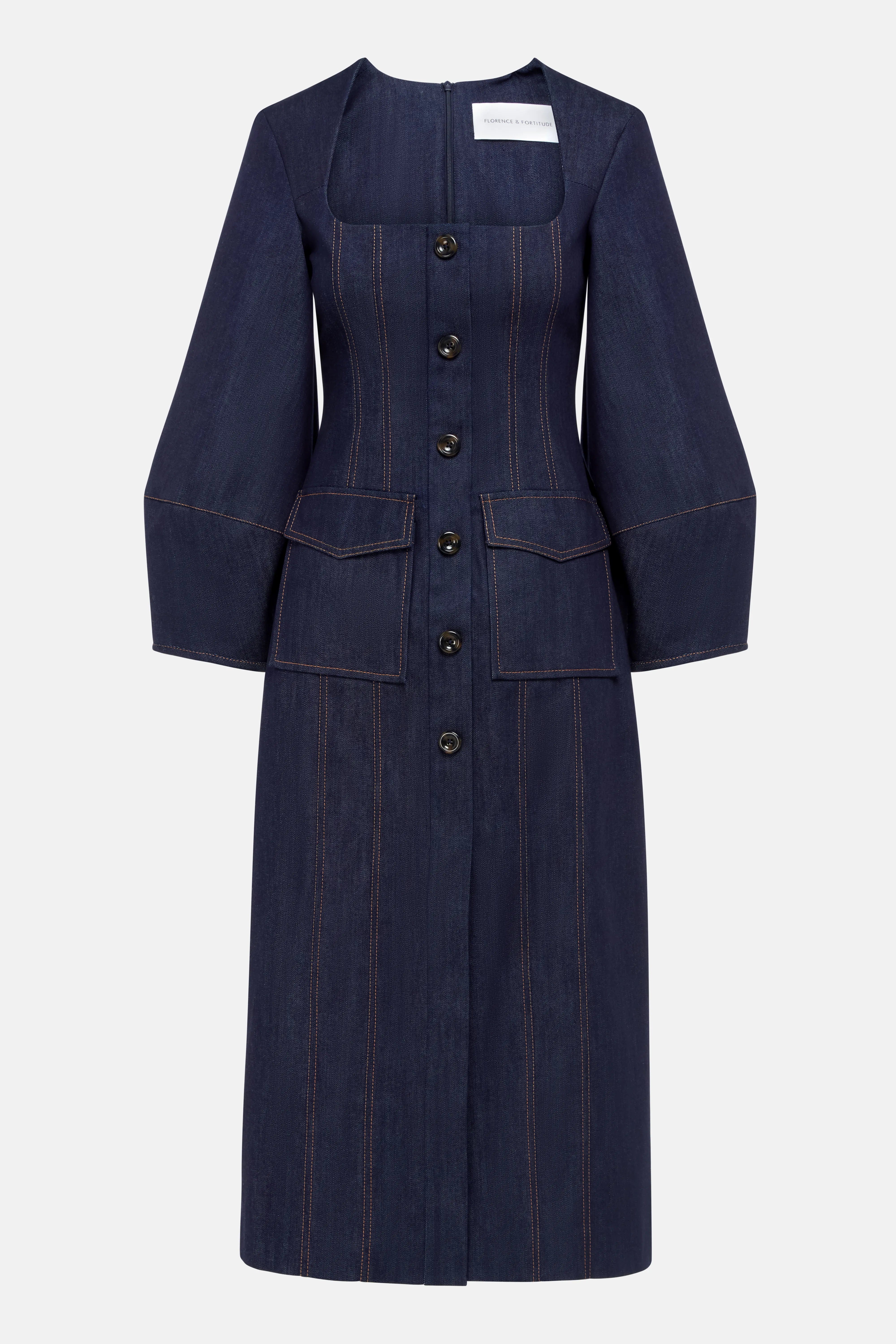 Florence & Fortitude Norah Puff Sleeves Denim Cotton Midi Dress in Blue