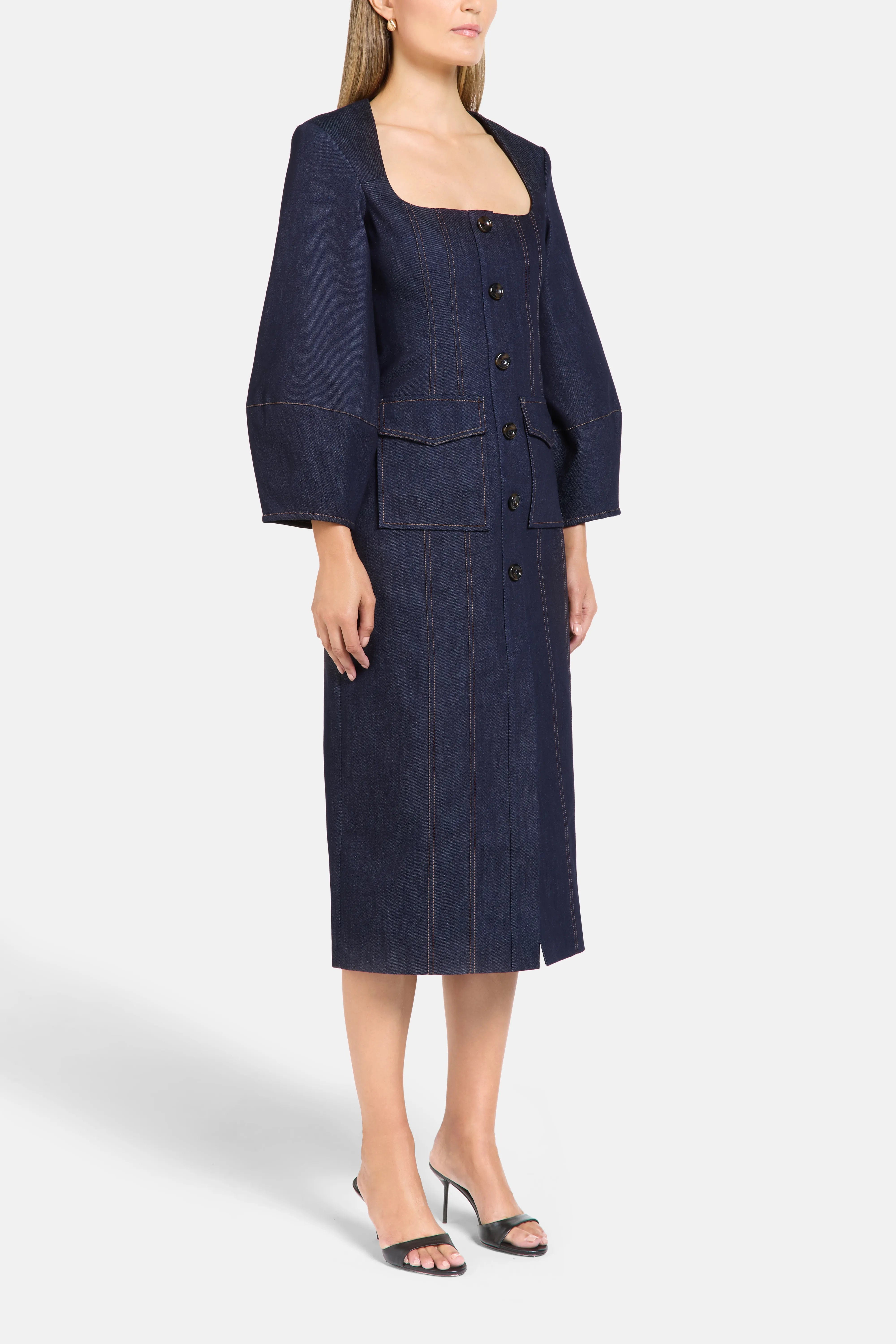 Florence & Fortitude Norah Puff Sleeves Denim Cotton Midi Dress in Blue