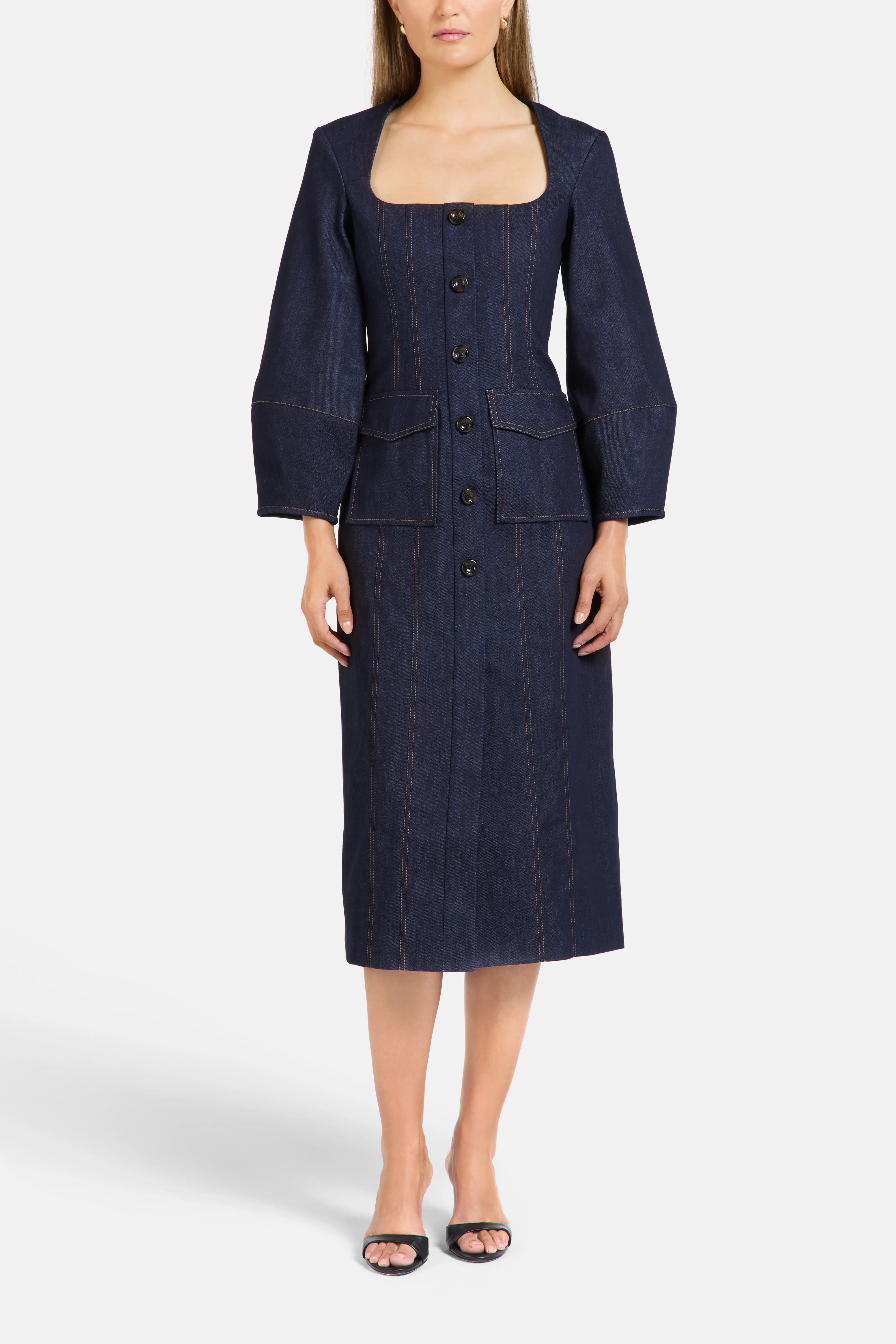 Florence & Fortitude Norah Puff Sleeves Denim Cotton Midi Dress in Blue