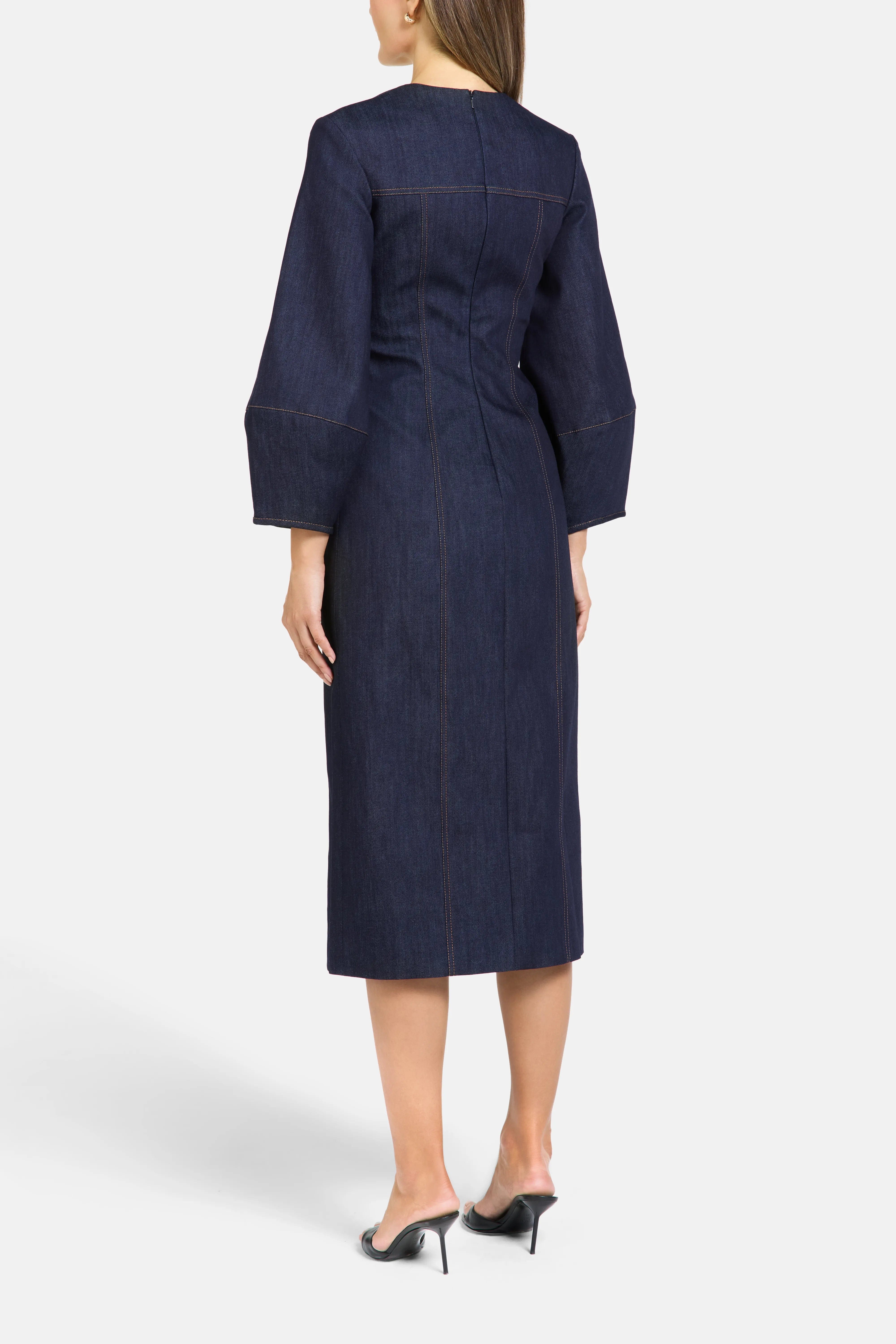 Florence & Fortitude Norah Puff Sleeves Denim Cotton Midi Dress in Blue