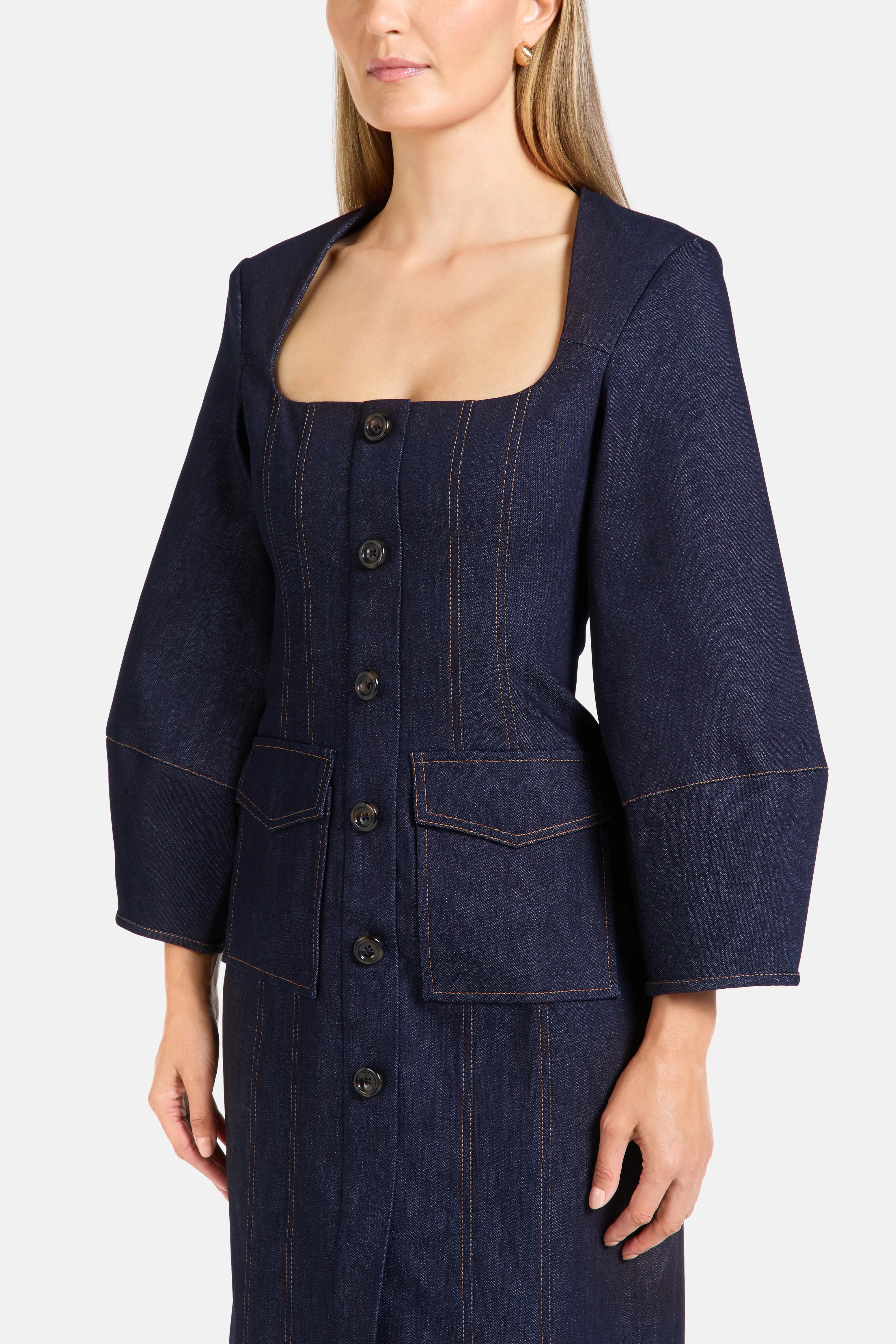 Florence & Fortitude Norah Puff Sleeves Denim Cotton Midi Dress in Blue