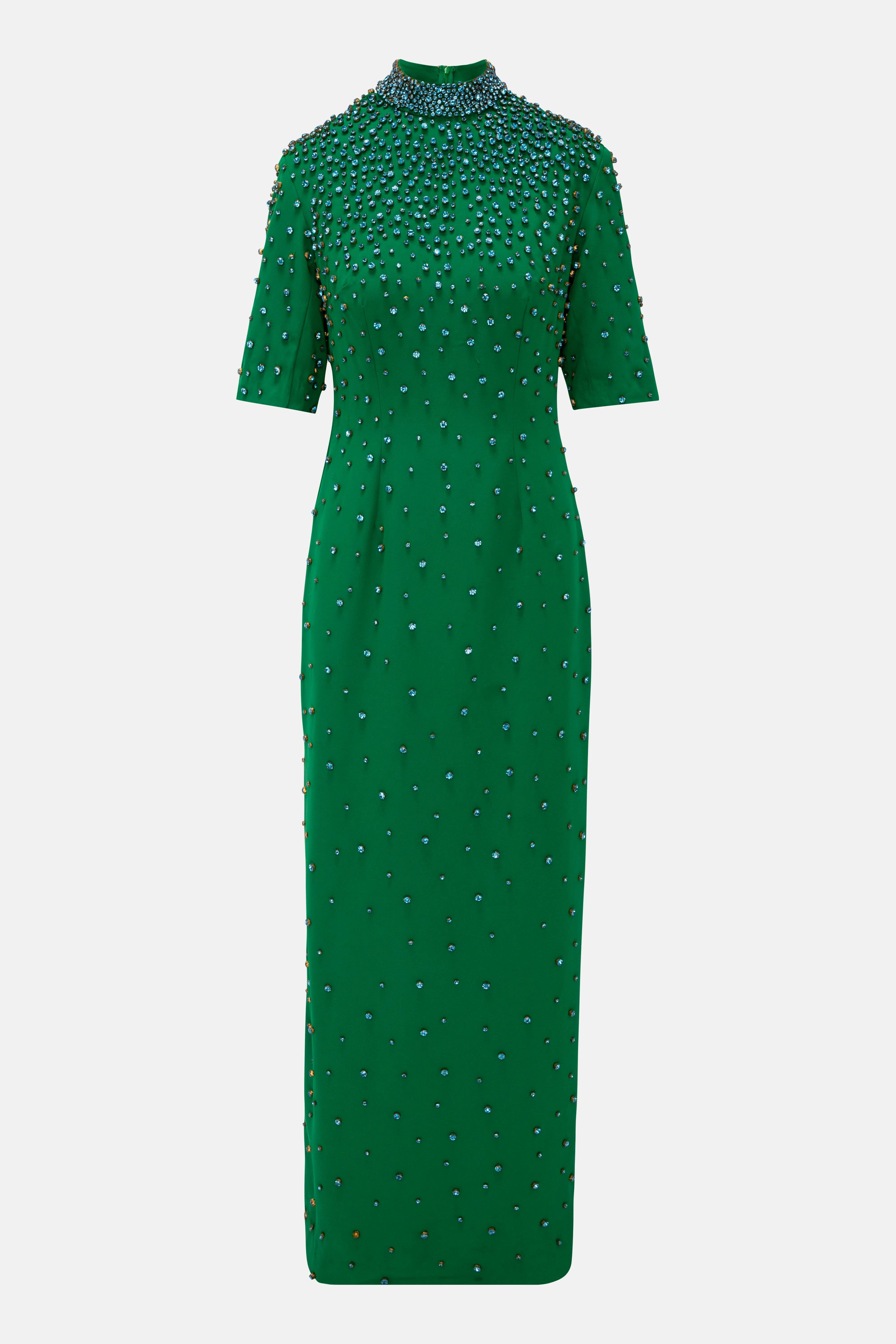 LA FUORI Crystal Embellished Evening Dress in Green