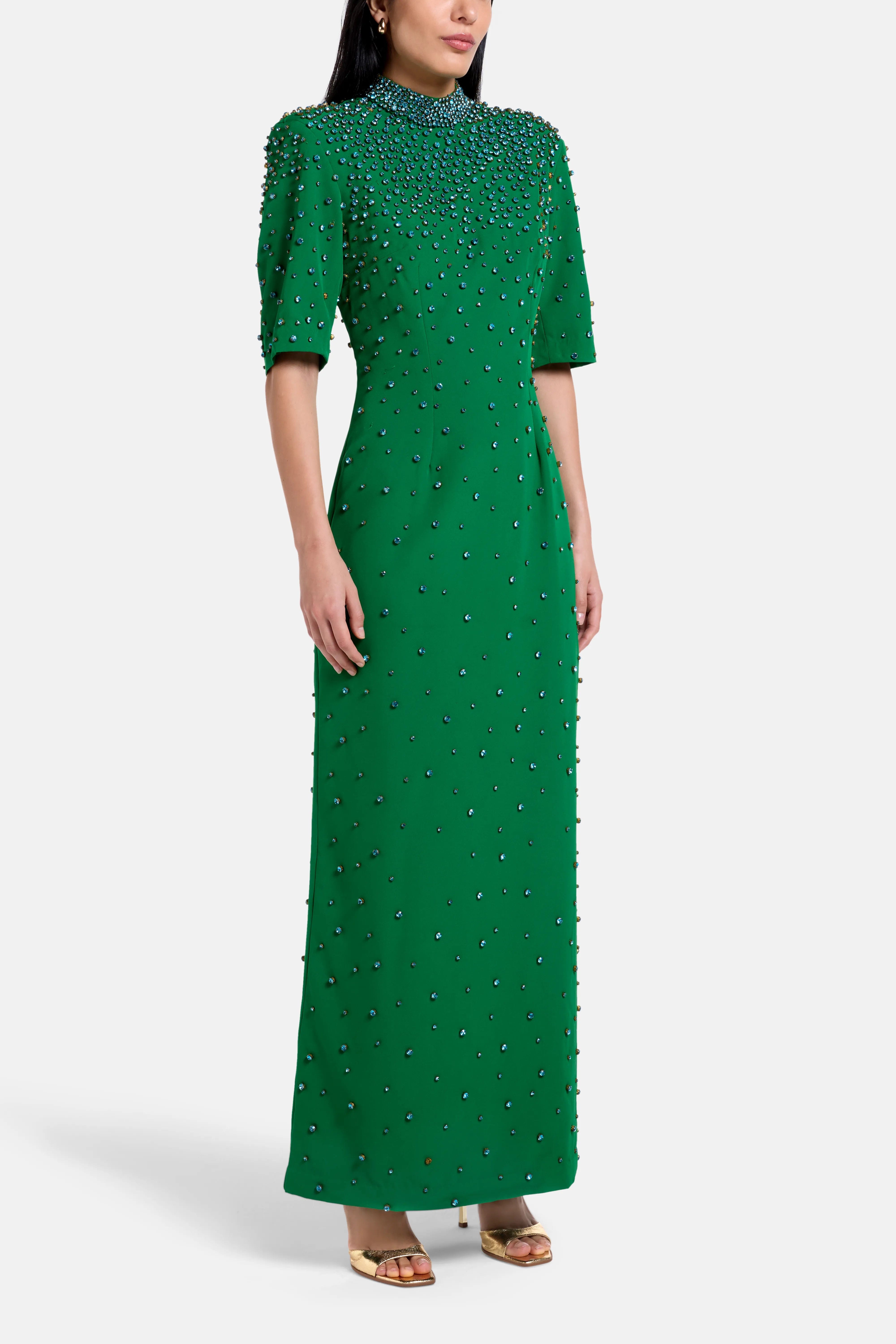LA FUORI Crystal Embellished Evening Dress in Green