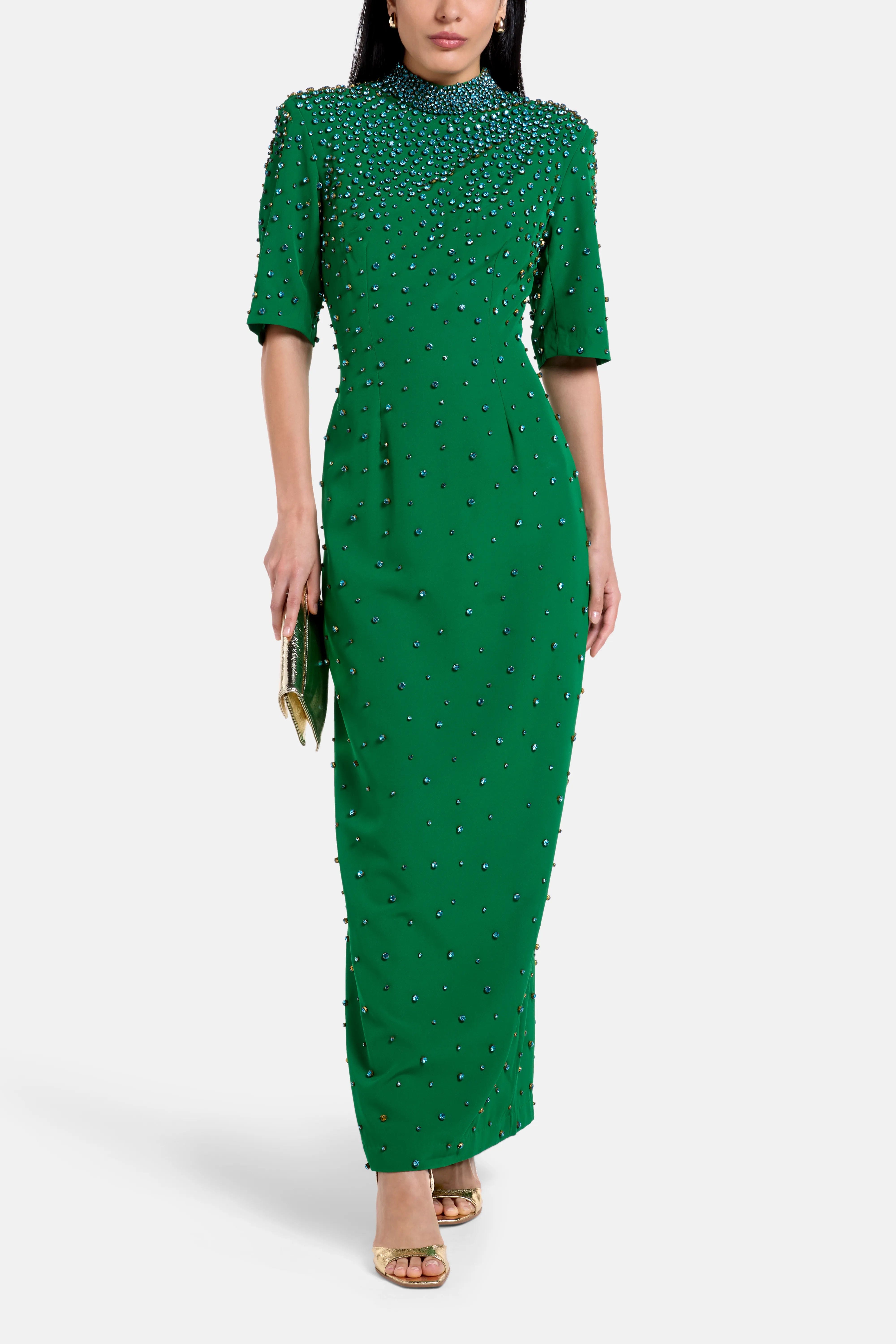 LA FUORI Crystal Embellished Evening Dress in Green