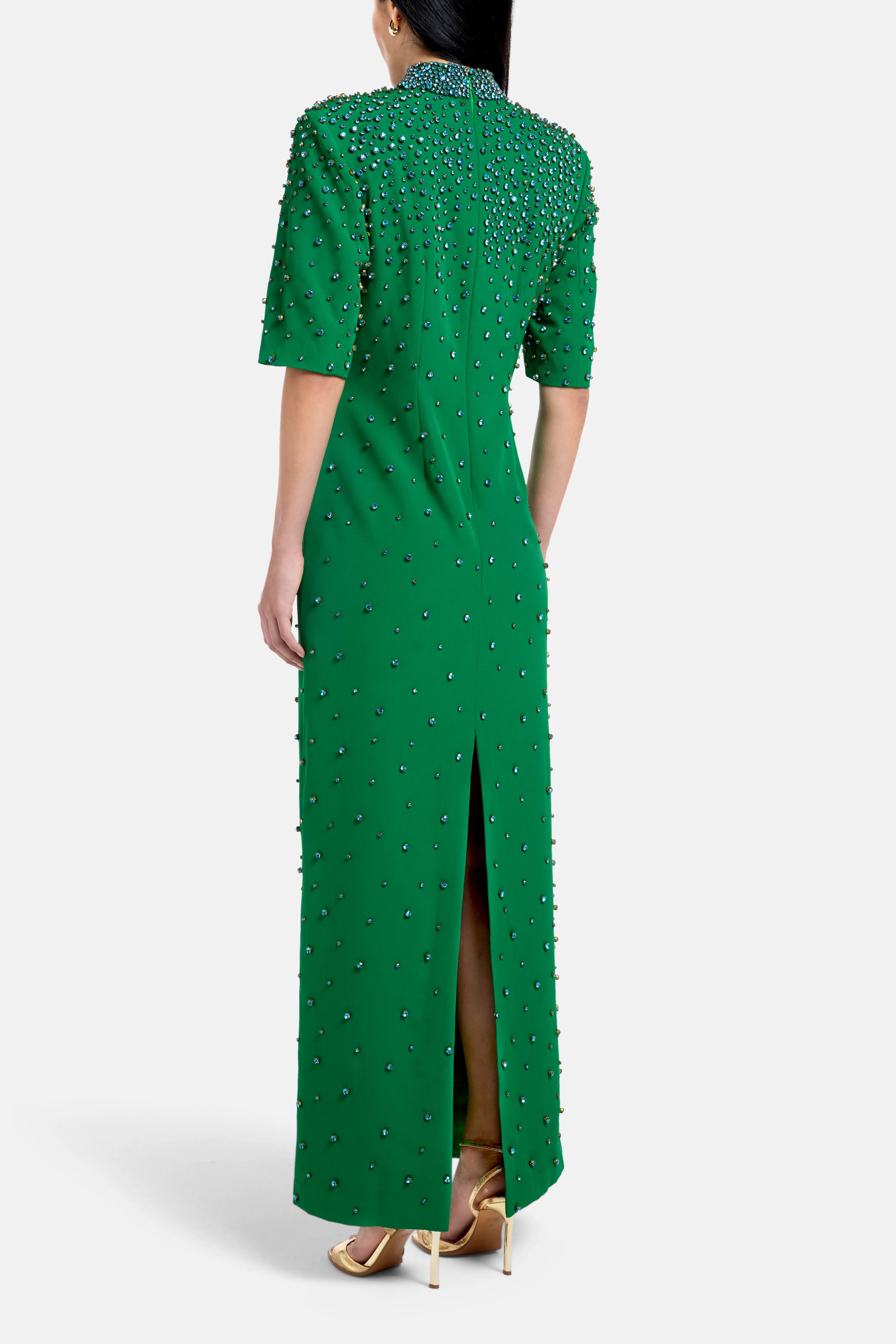 LA FUORI Crystal Embellished Evening Dress in Green