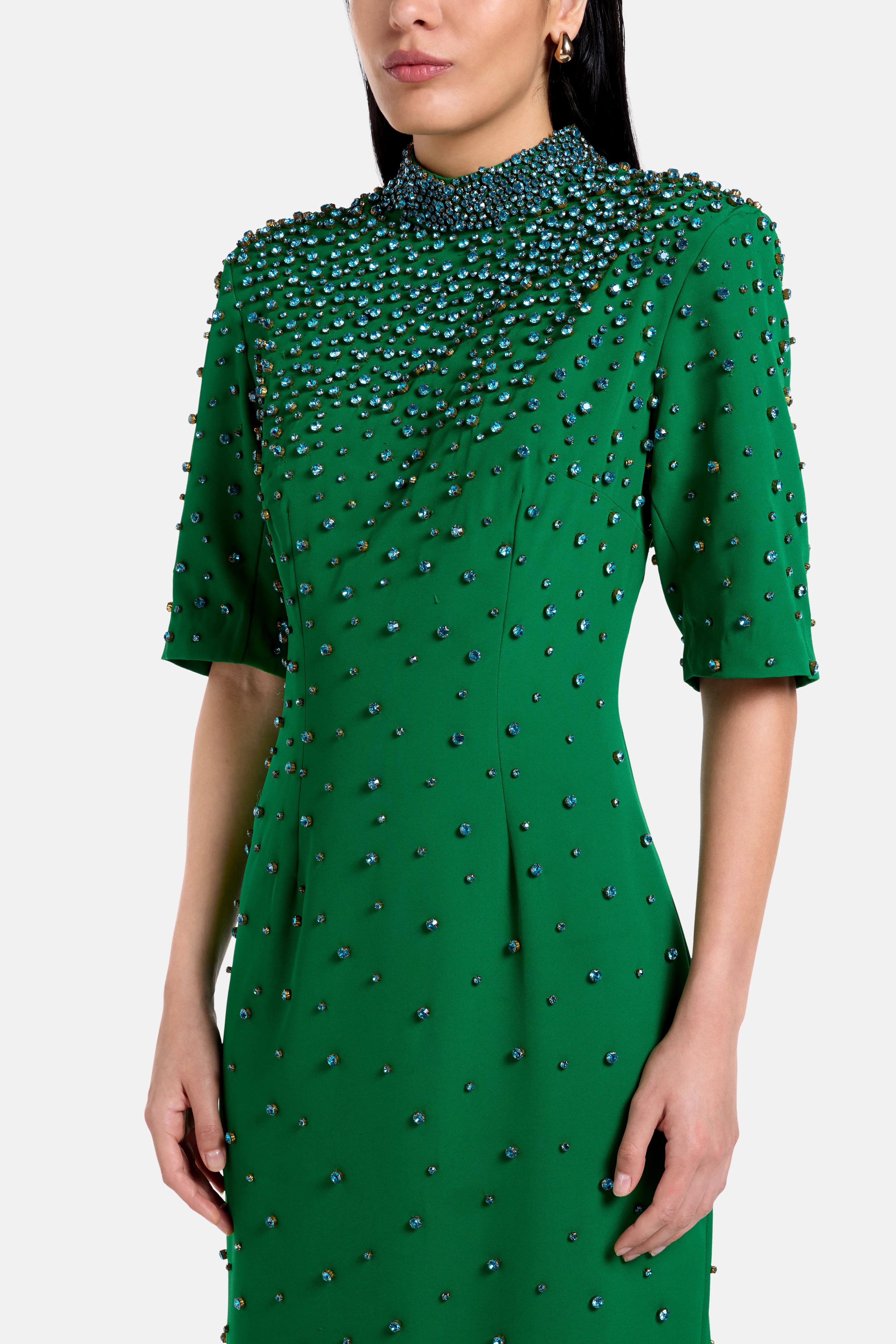 LA FUORI Crystal Embellished Evening Dress in Green