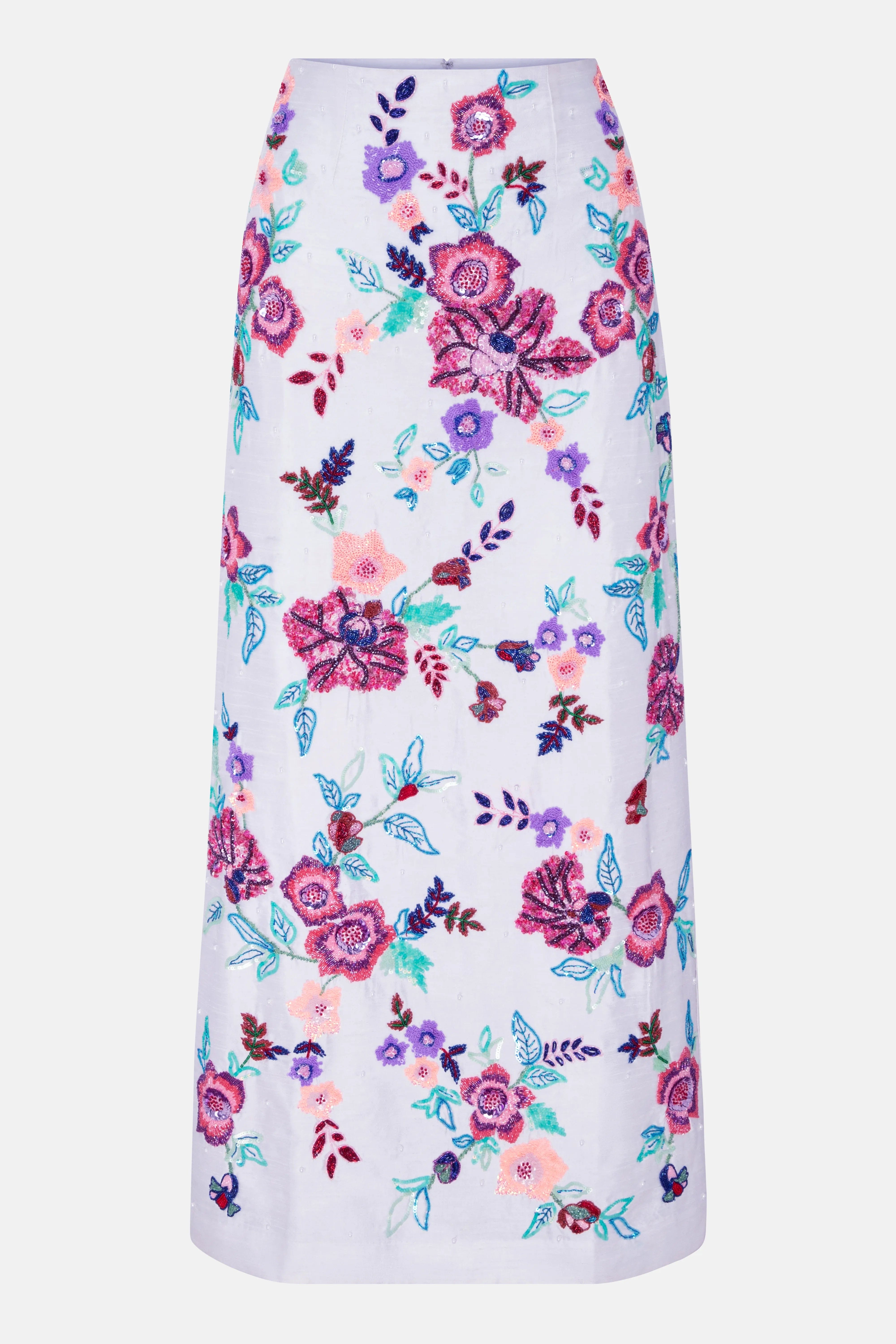 LA FUORI Floral Embroidered Silk Maxi Skirt in White