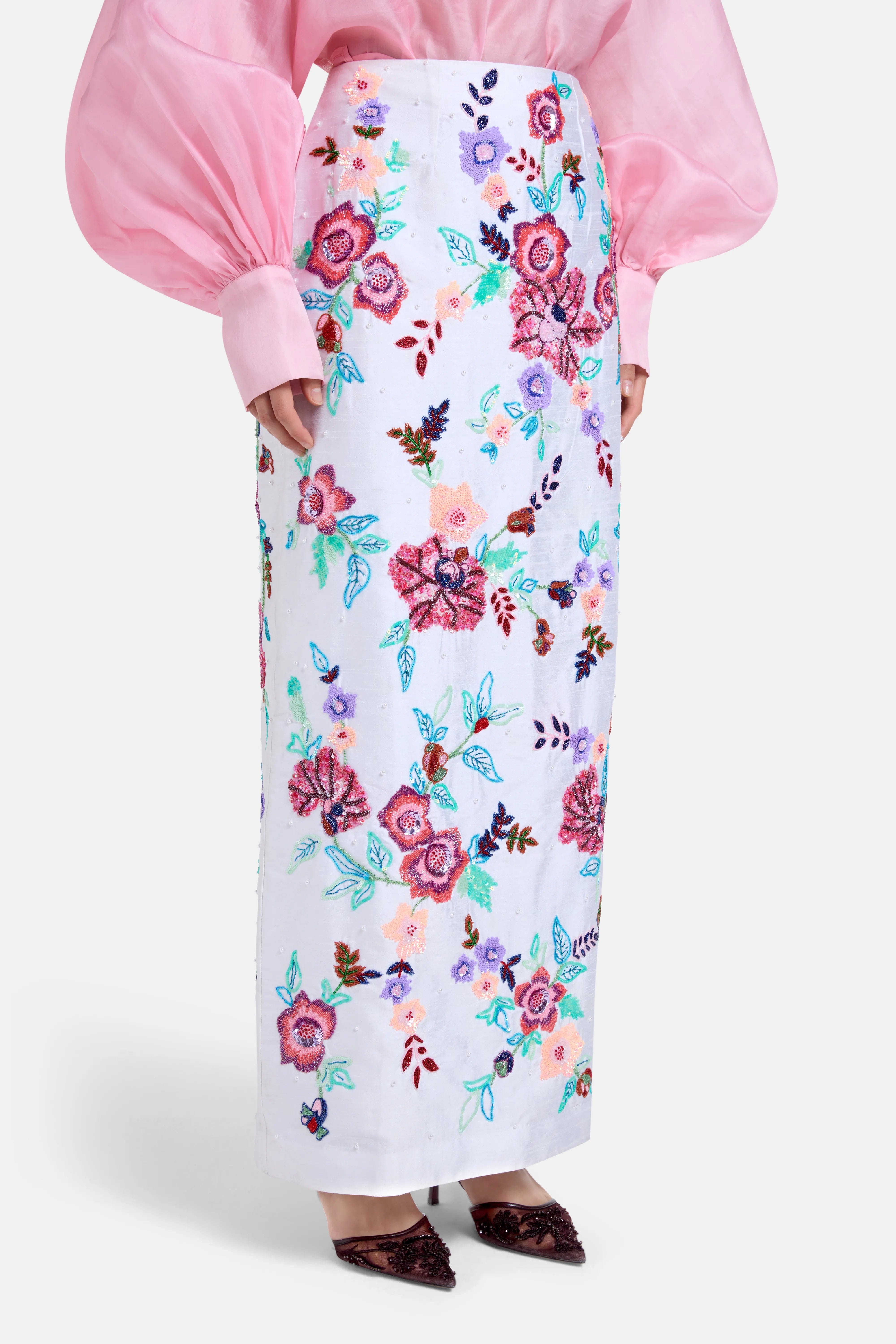 LA FUORI Floral Embroidered Silk Maxi Skirt in White