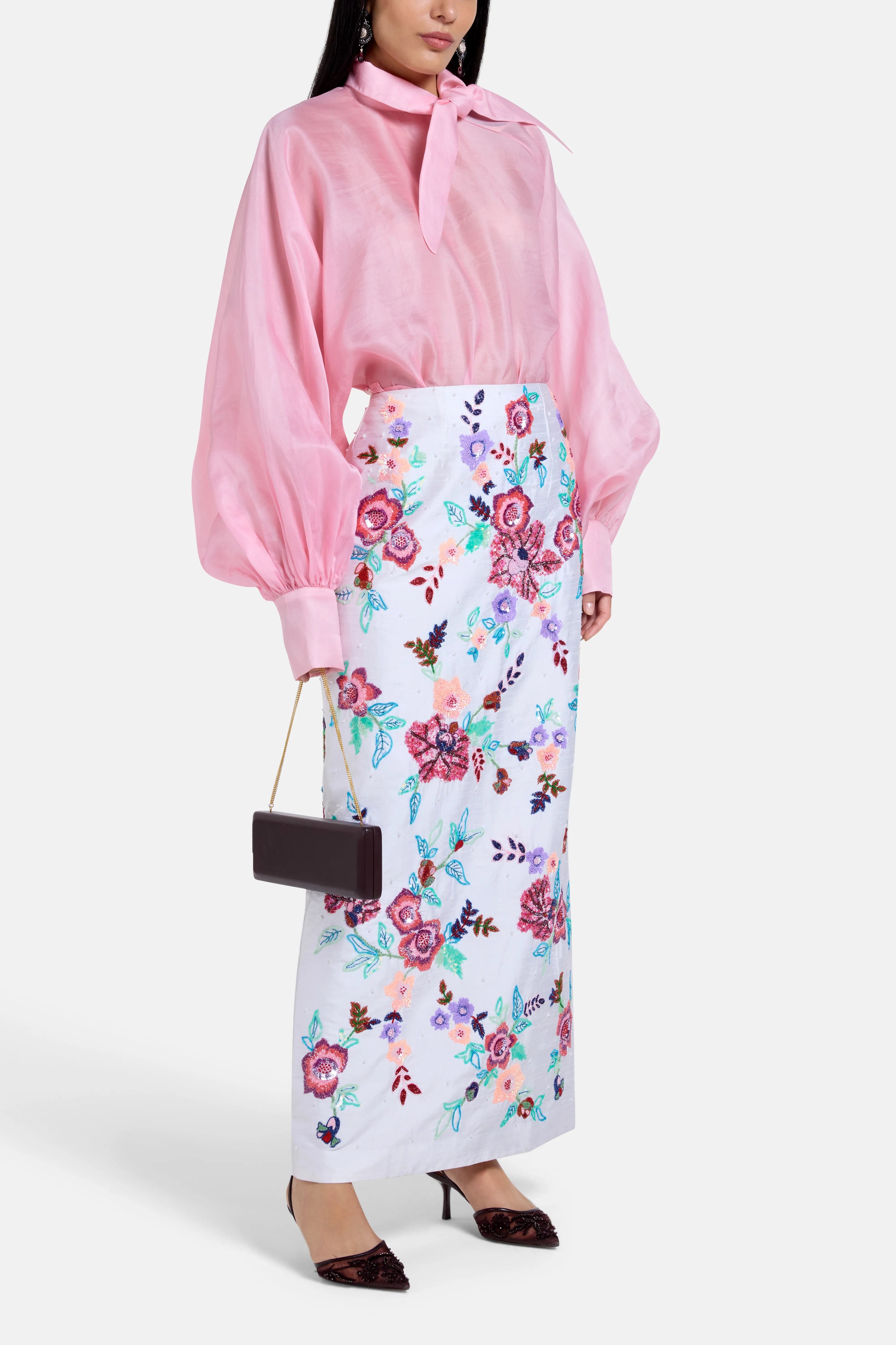LA FUORI Floral Embroidered Silk Maxi Skirt in White