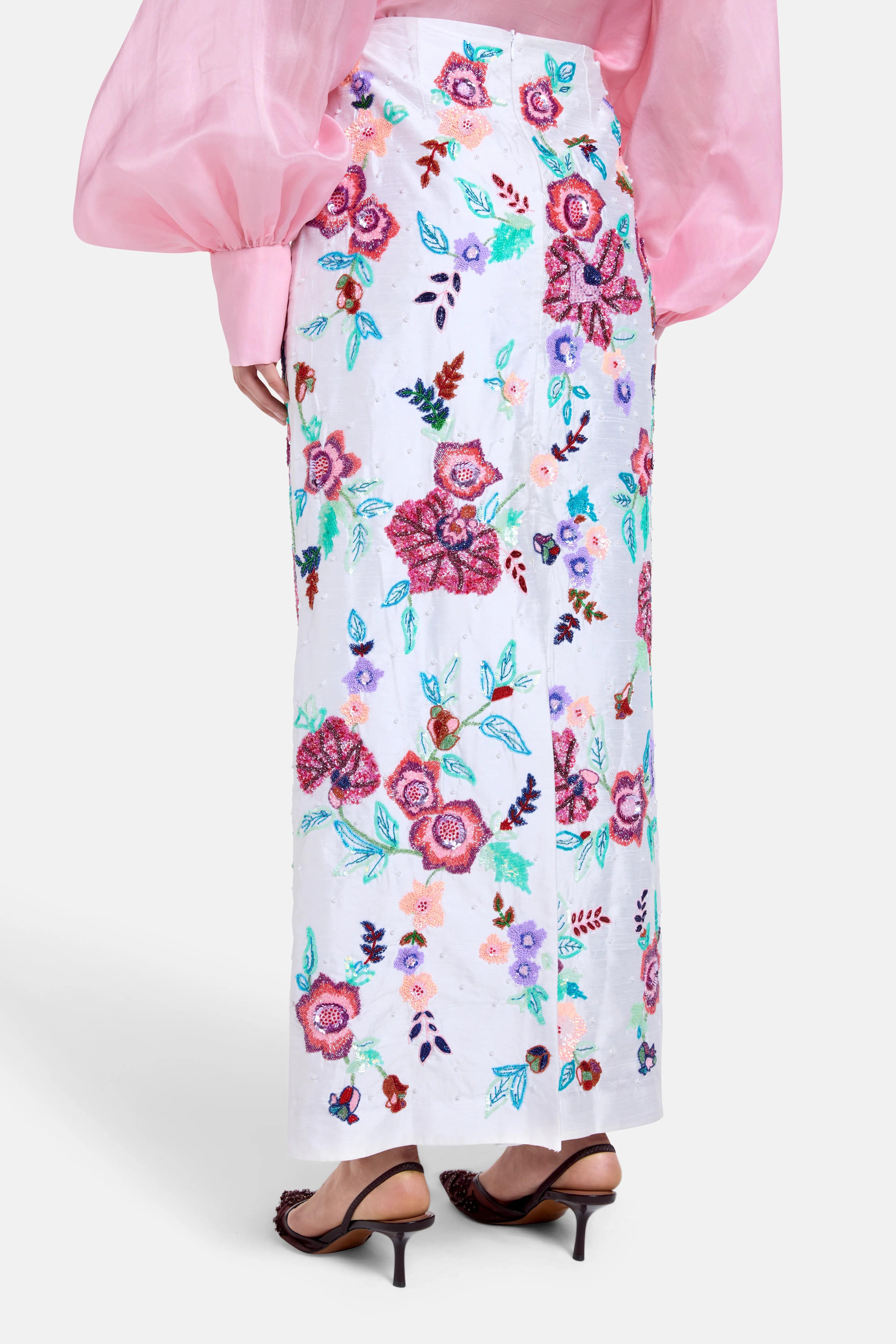 LA FUORI Floral Embroidered Silk Maxi Skirt in White