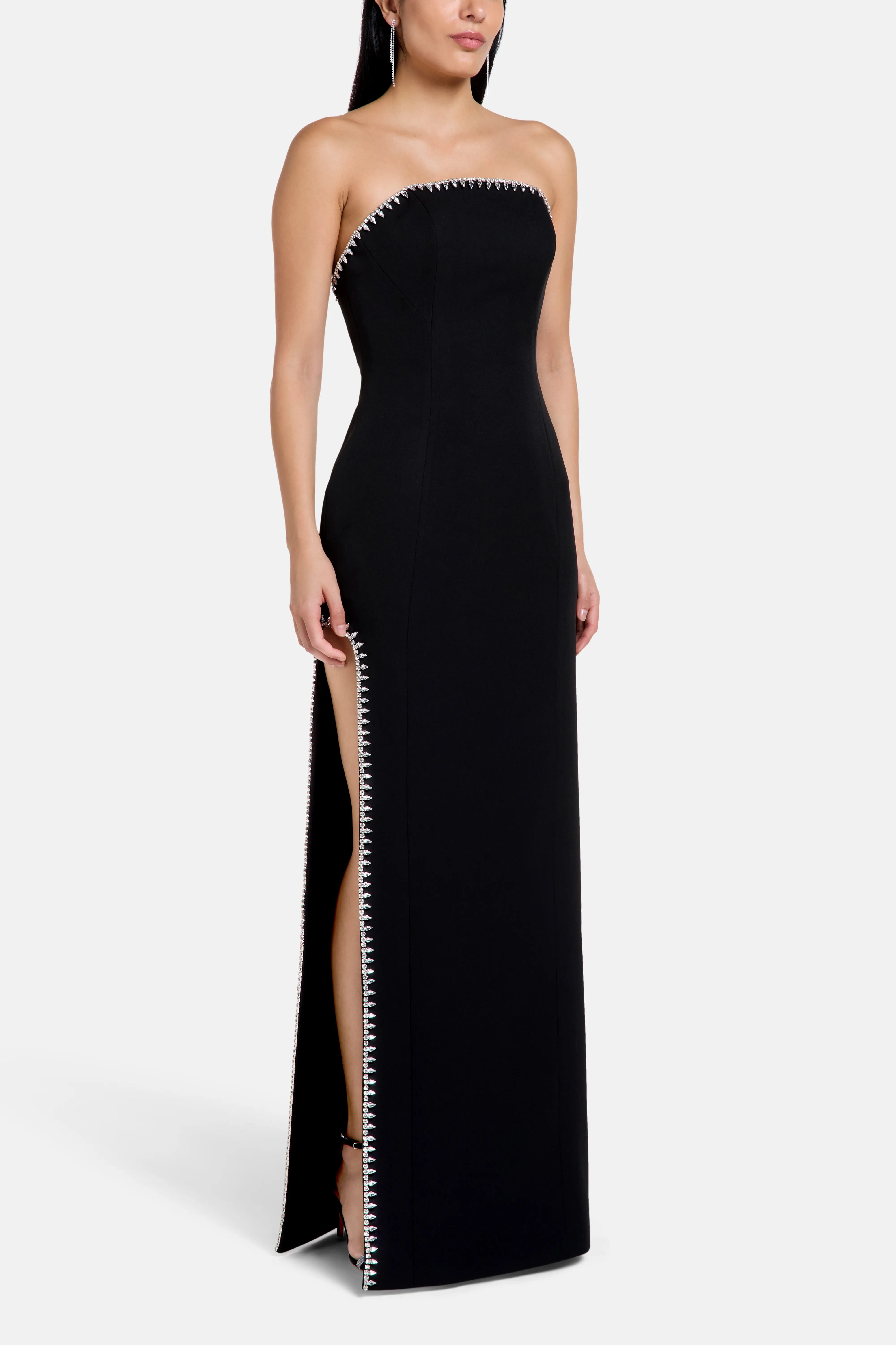 COPURS Bela Thigh Slit Crystal Embellished Evening Dress in Black