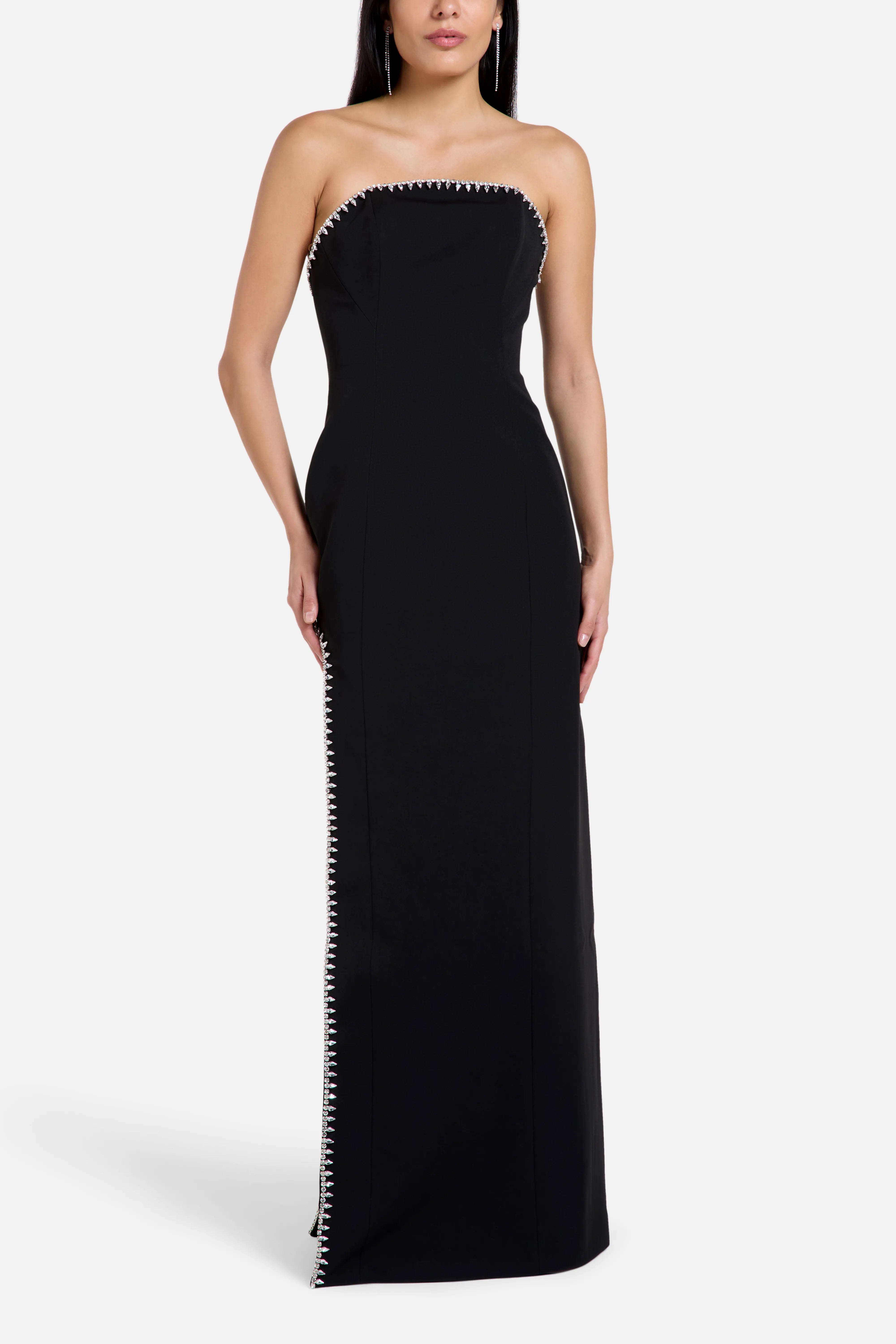 COPURS Bela Thigh Slit Crystal Embellished Evening Dress in Black