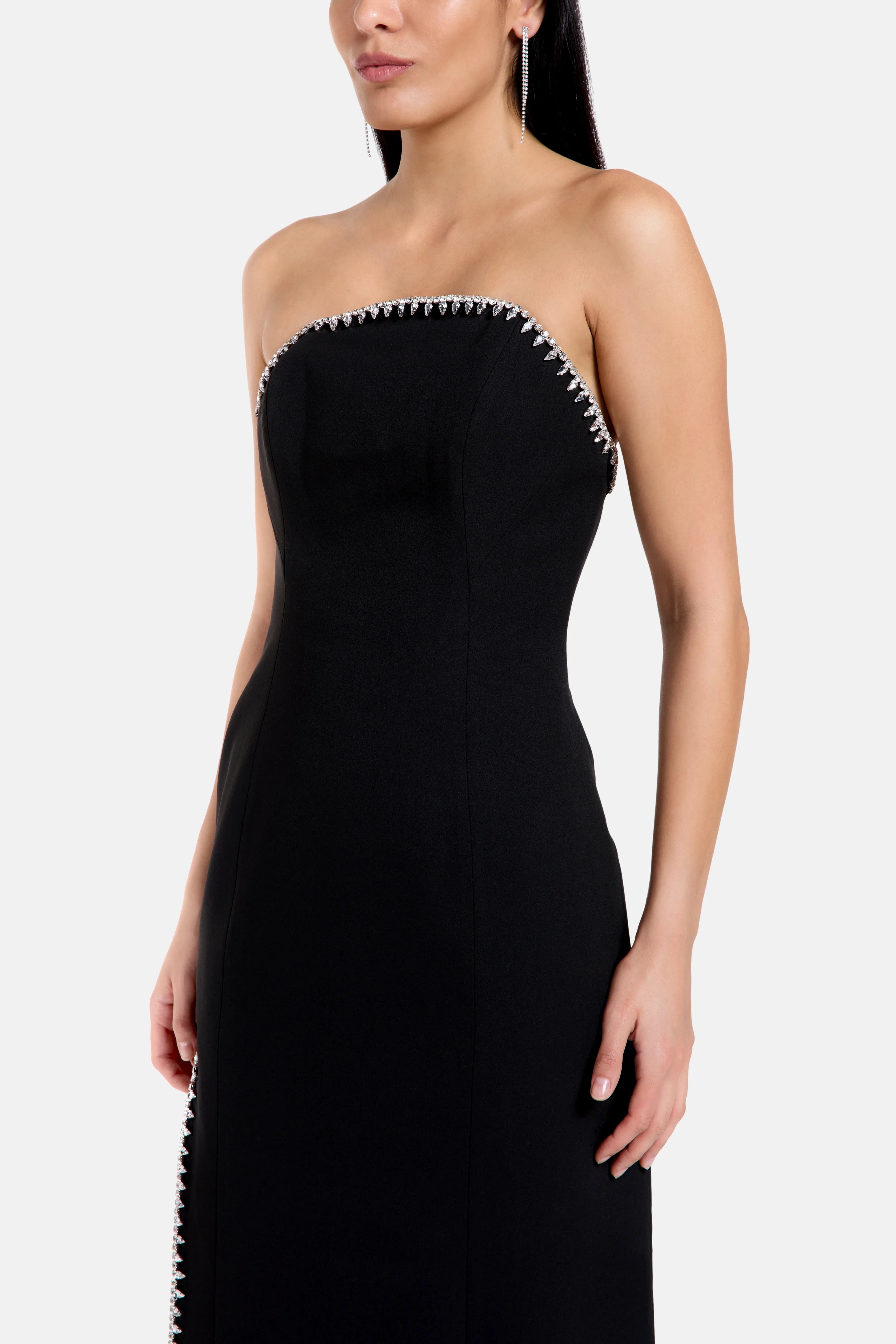 COPURS Bela Thigh Slit Crystal Embellished Evening Dress in Black