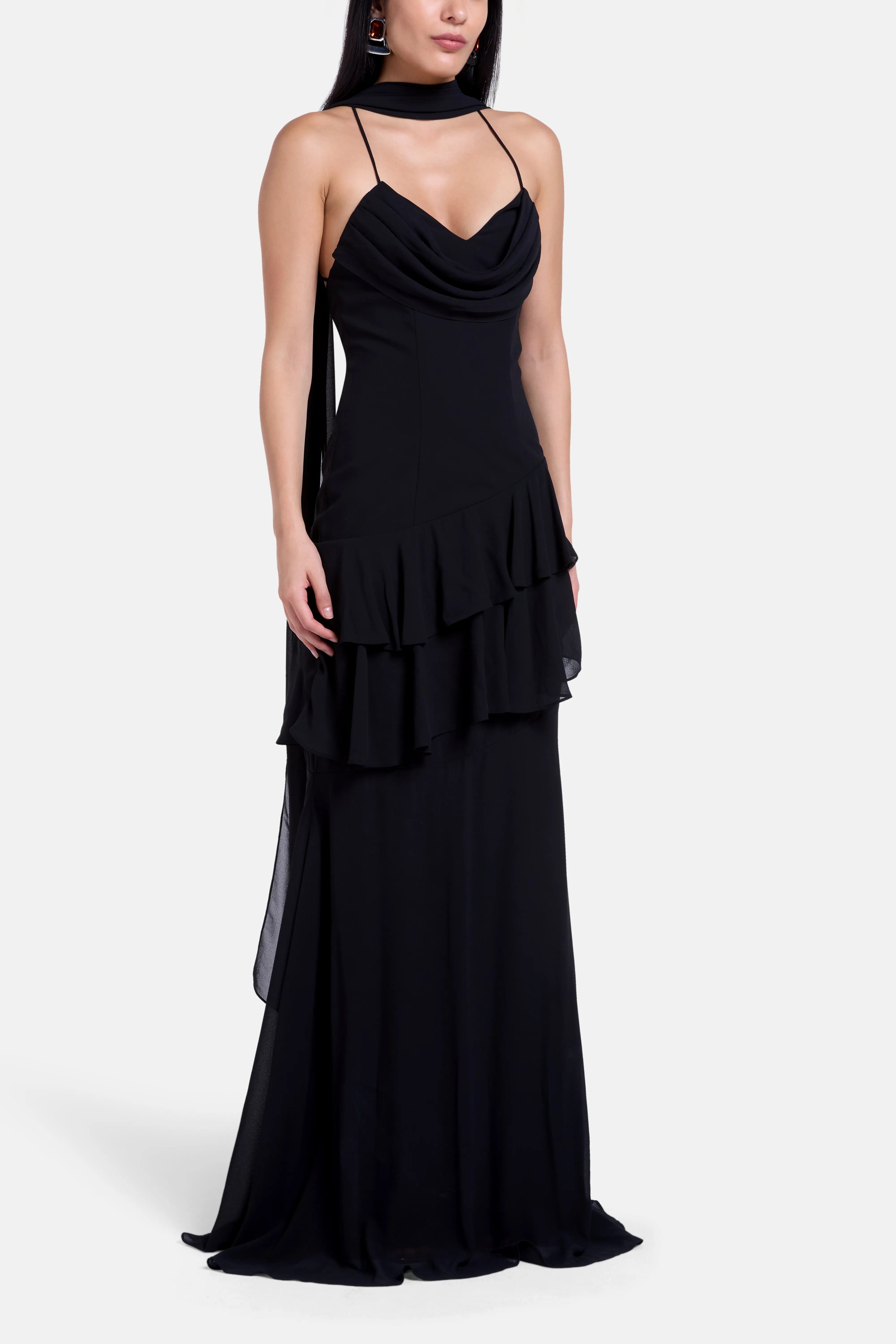 ALB London Juliet Slip Maxi Dress In Black With Scarf