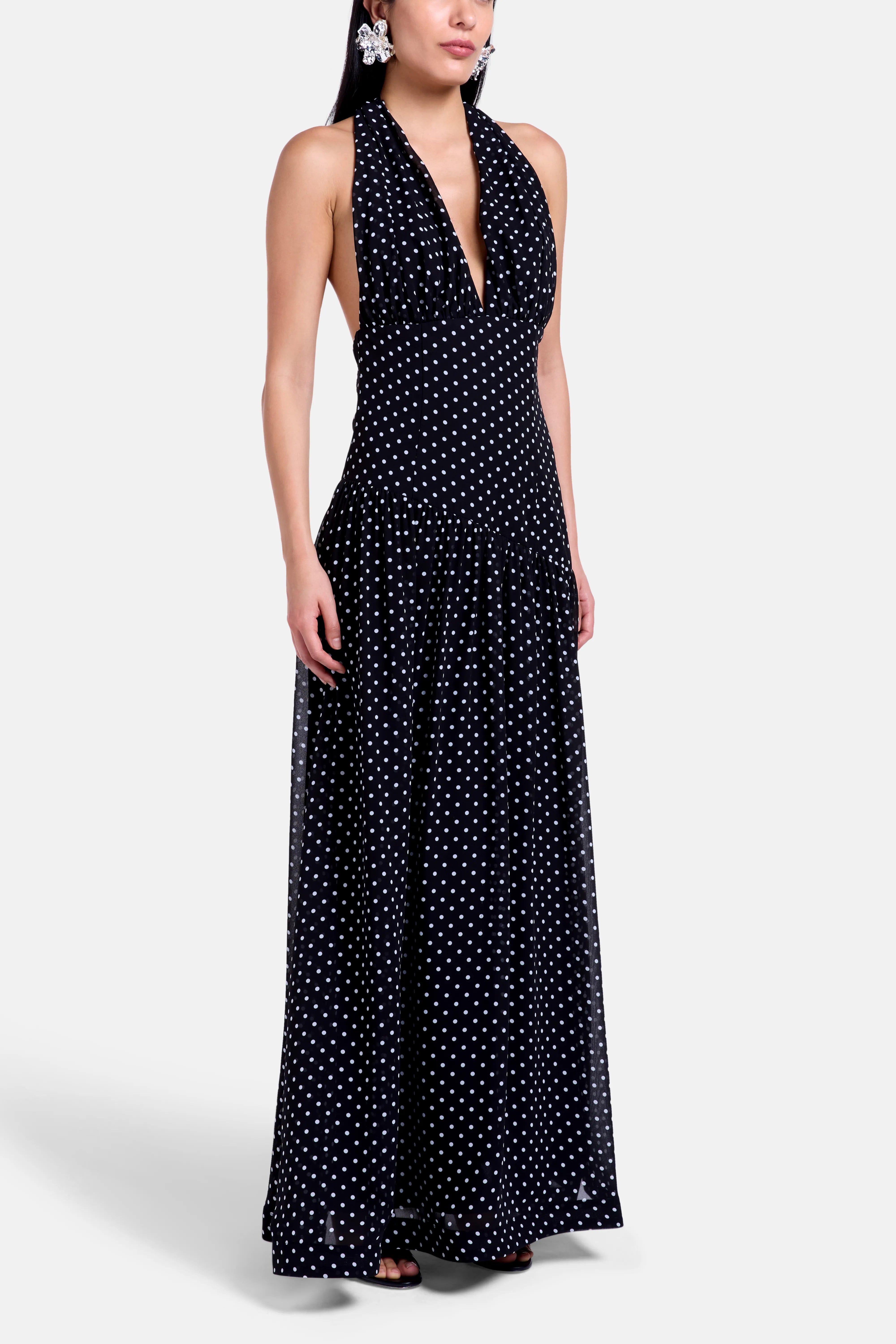 ALB London Grace Polka Dot Deep Neck Maxi Dress In Black With Scarf