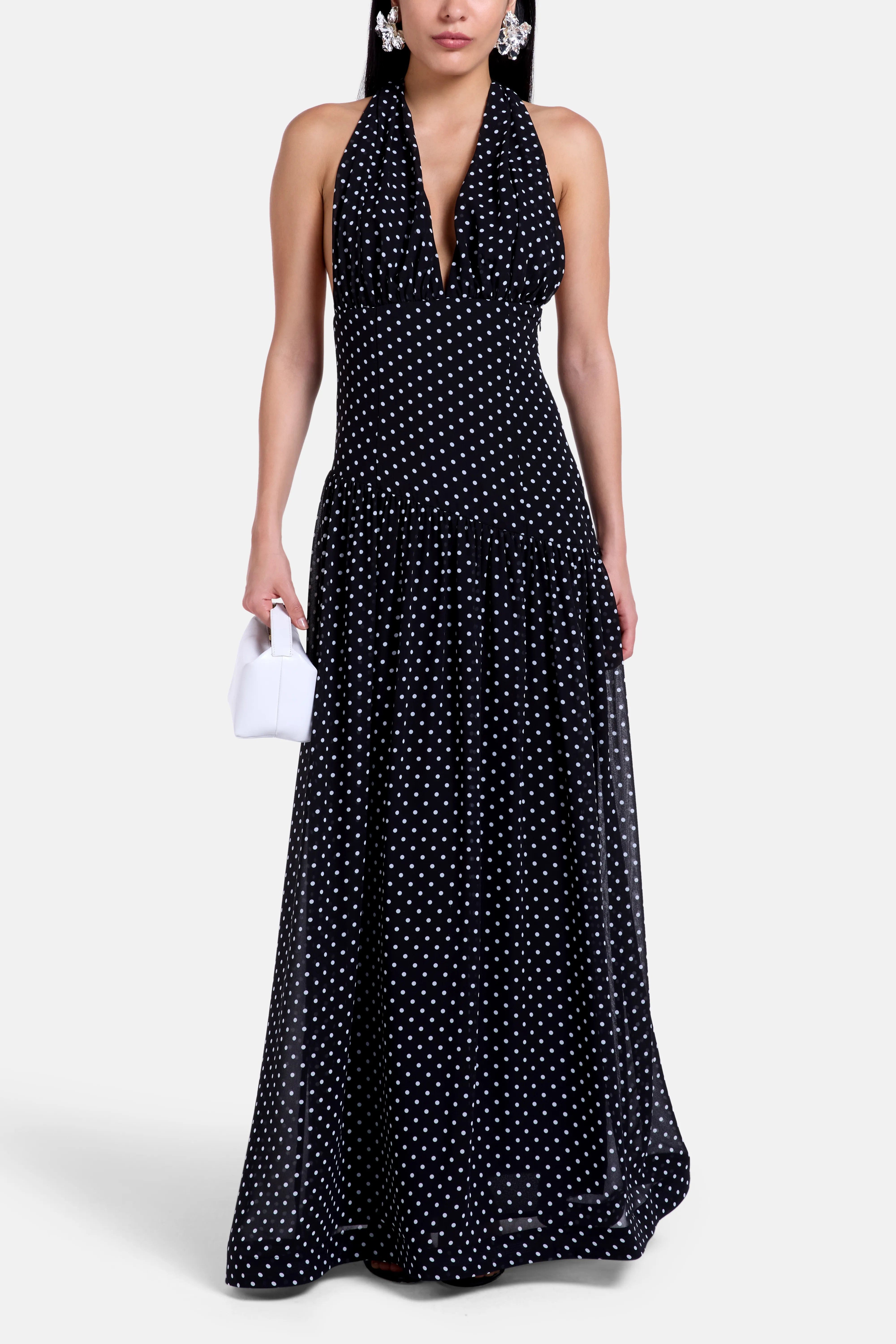 ALB London Grace Polka Dot Deep Neck Maxi Dress In Black With Scarf