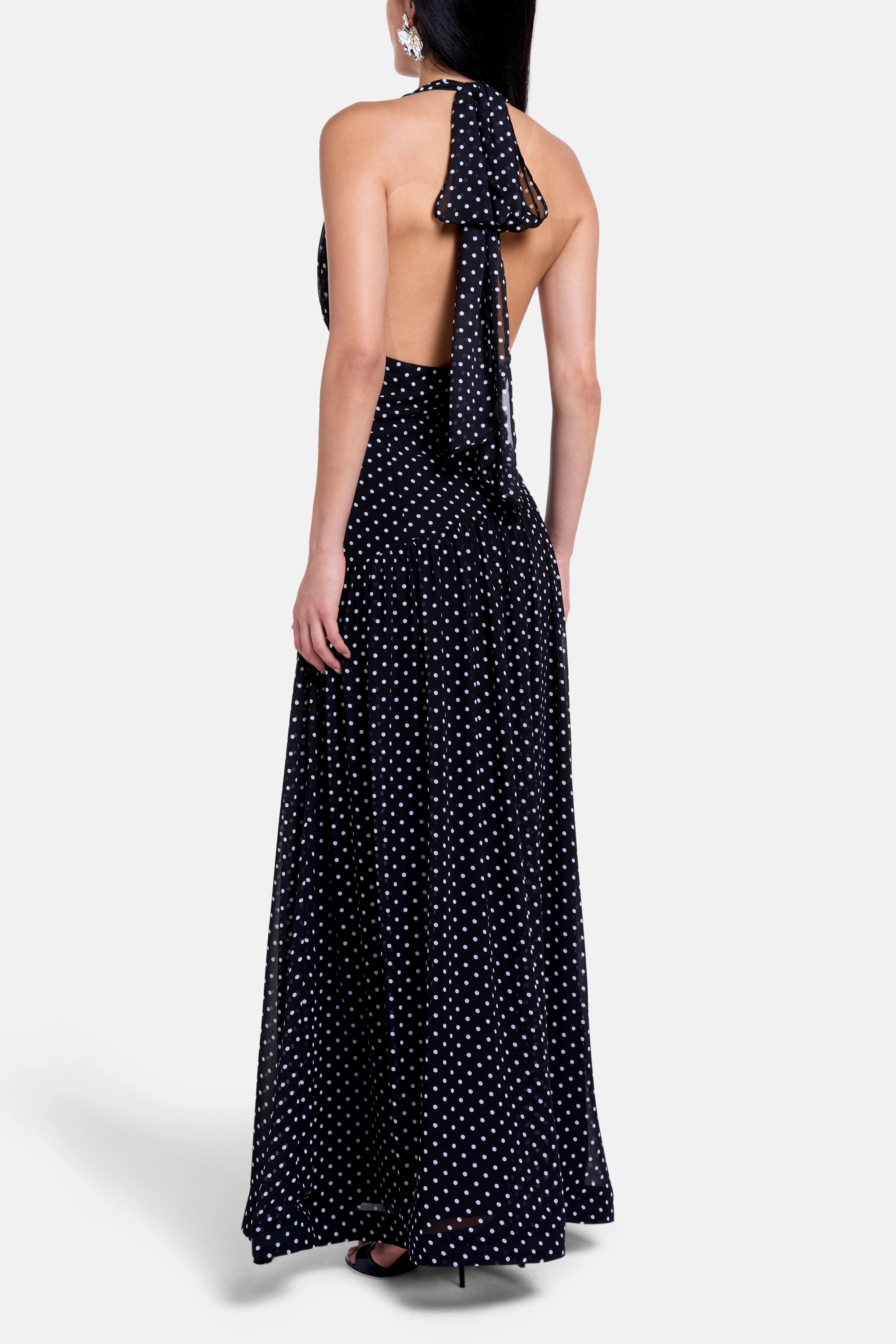 ALB London Grace Polka Dot Deep Neck Maxi Dress In Black With Scarf